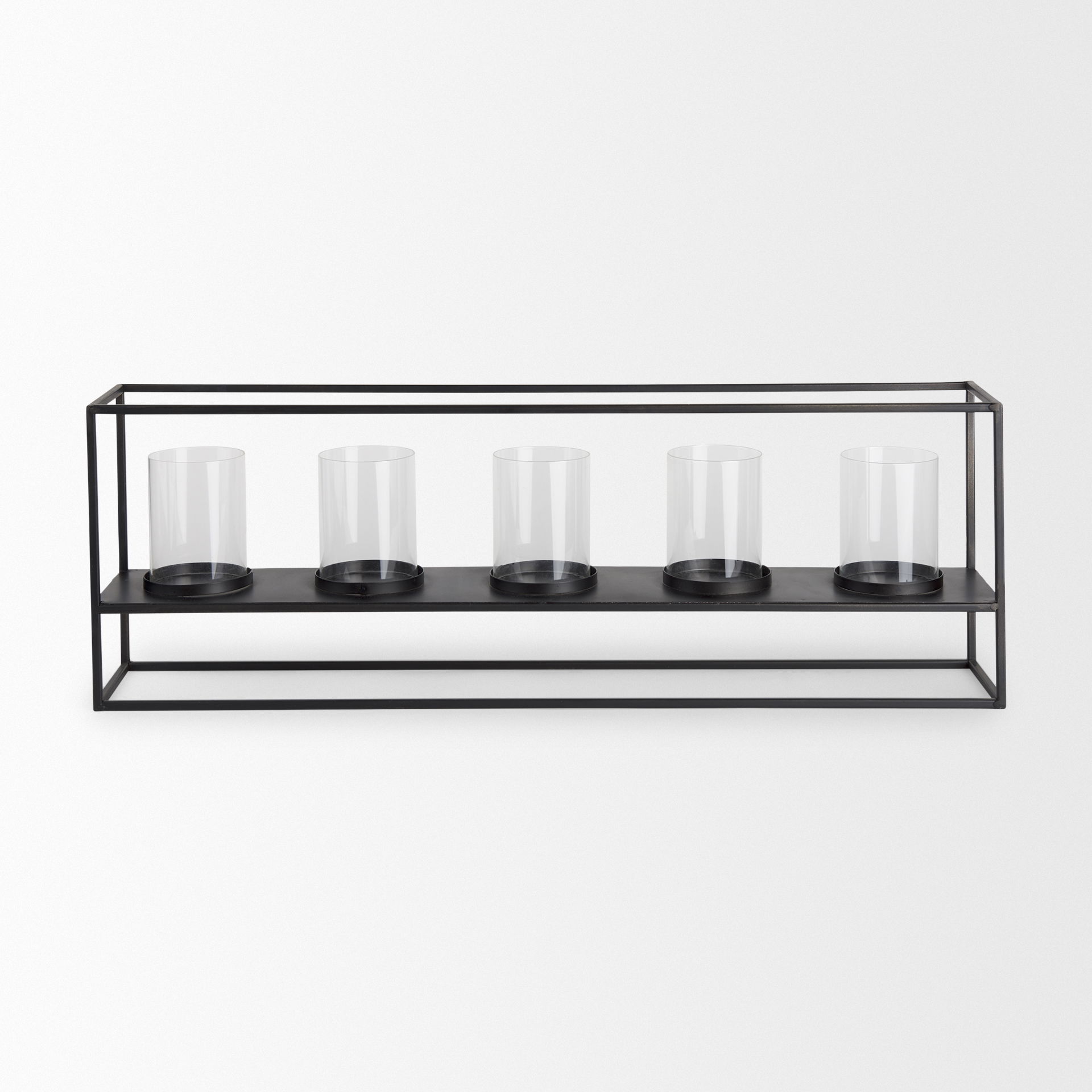 Cindy 5 Candle Matte Black Metal Hurricane Glass Tabletop Candle Holder, Candles & Candle Holder by Mercana, 26.97" length x 4.92" width x 9.06" height View 3