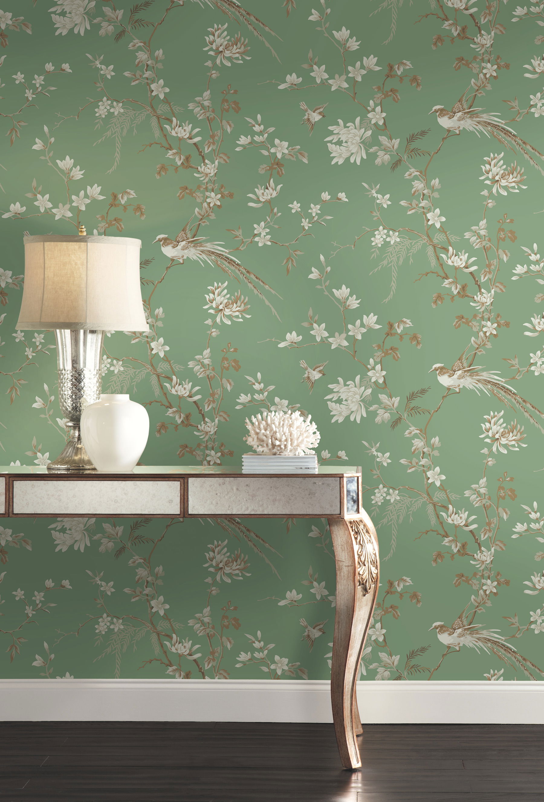 Bird & Blossom Chinoserie Green Wallpaper large image 