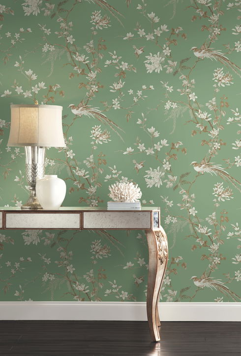 Bird & Blossom Chinoserie Green Wallpaper