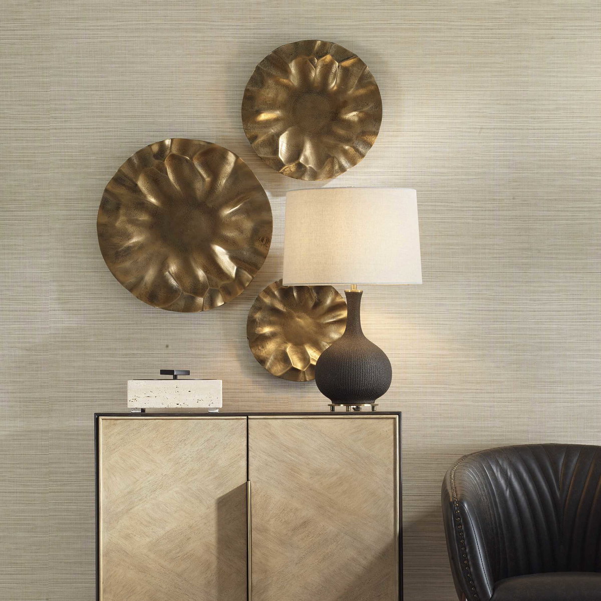 Peonia Outdoor Gold Wall Art Set/3, Sculptural Wall Art by Uttermost, 20" width x 20" height x 2.5" depth View 2