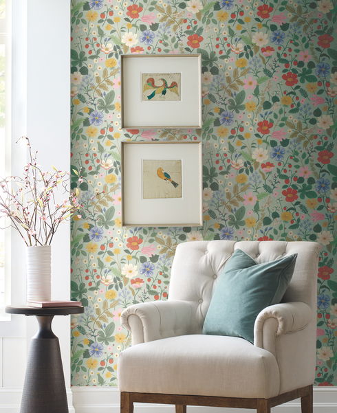 Strawberry Fields Green & Pink Wallpaper
