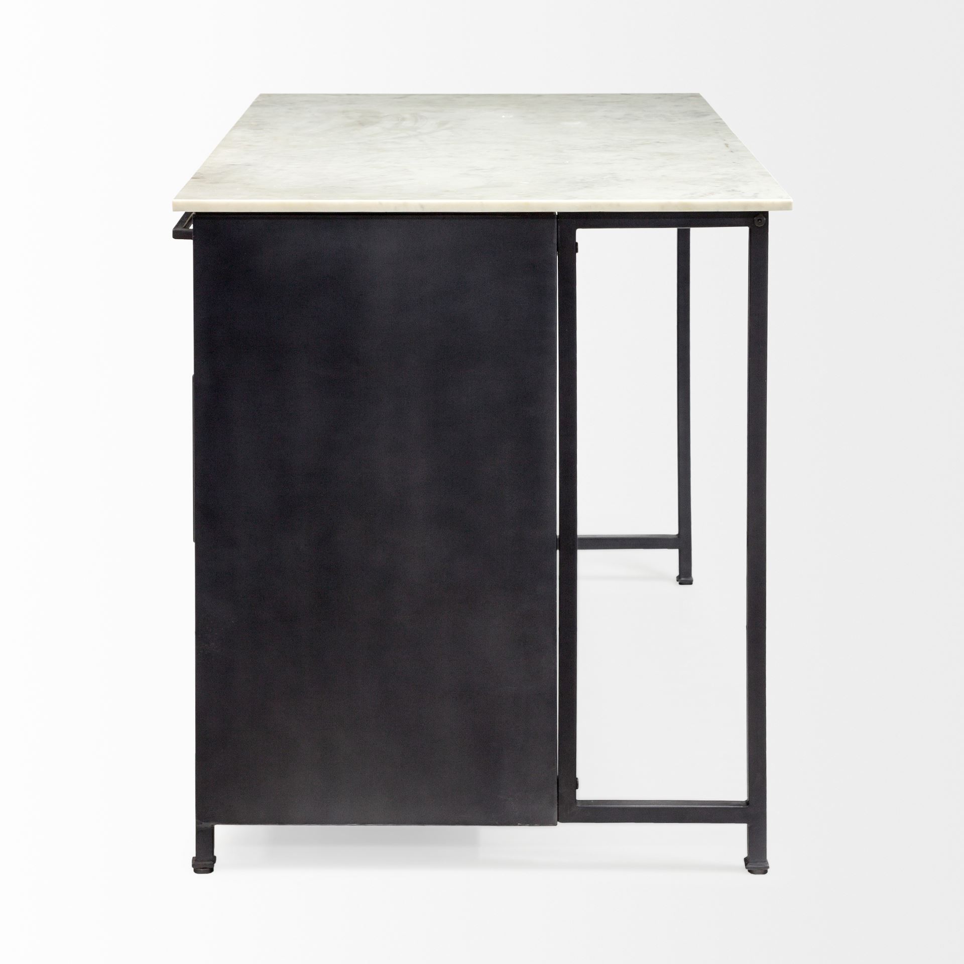 Fieri Solid Iron Black Body White Marble Top Four Drawer Kitchen Island, by Mercana, 58" length x 32" width x 36.5" height View 5