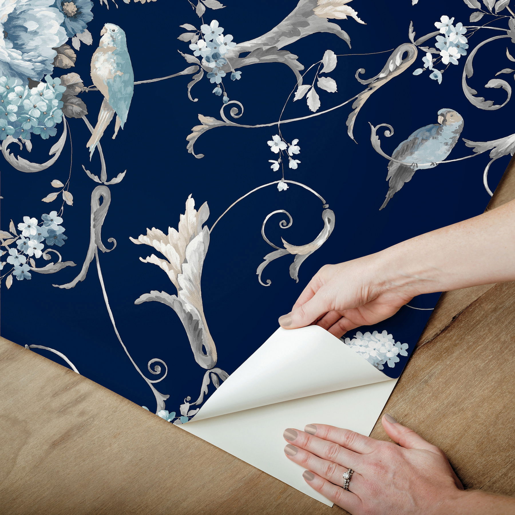 Parrots with Floral Bouquets Navy Peel & Stick Wallpaper large image 