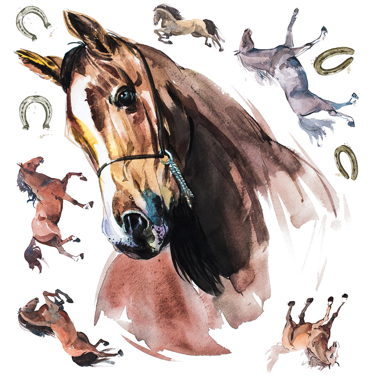 Watercolor Wild Horses Giant Wall Decals, by York Wall, 1'6" length x 1'5.25" width x 0.02" depth
