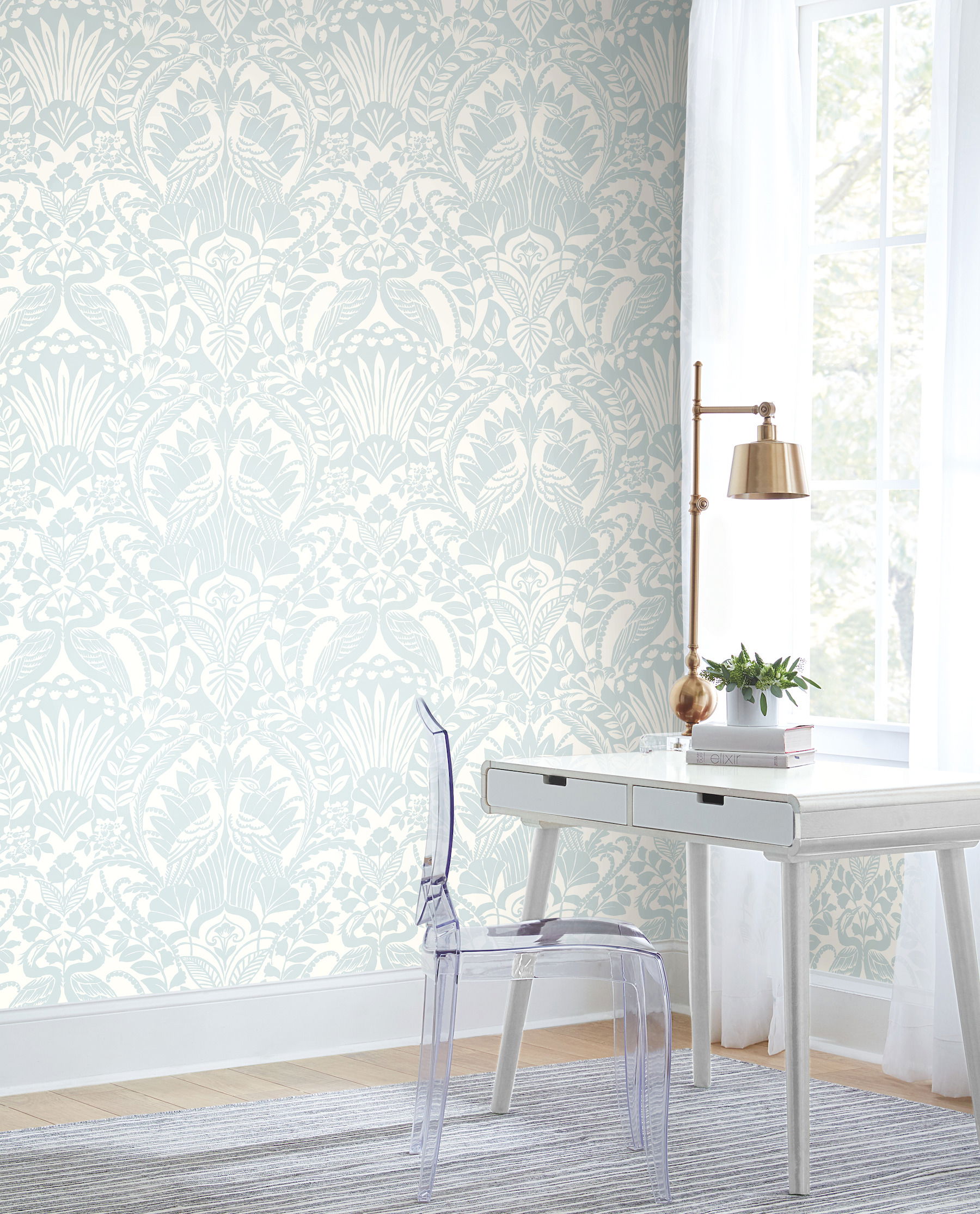 Egret Damask Blue Wallpaper large image 