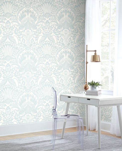 Egret Damask Blue Wallpaper