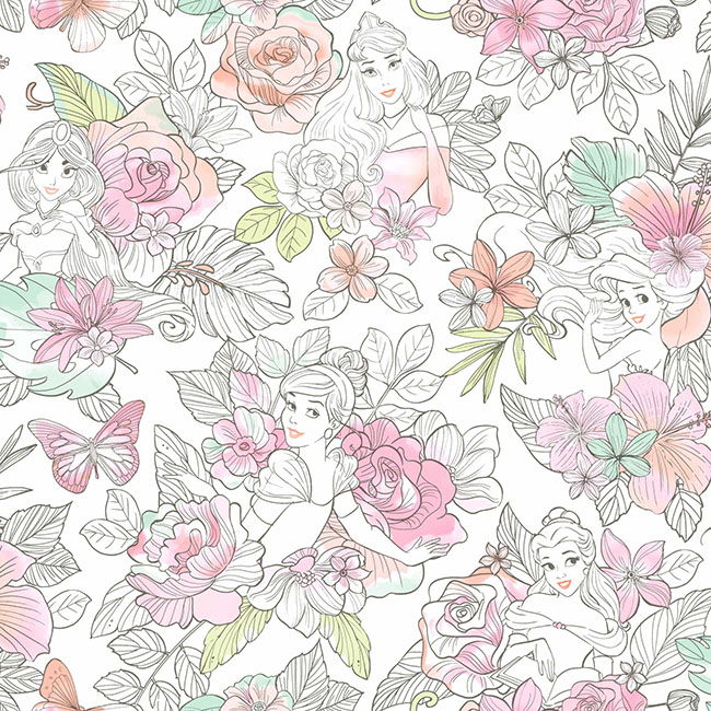 Disney Princess Royal Floral Coral Wallpaper large image 