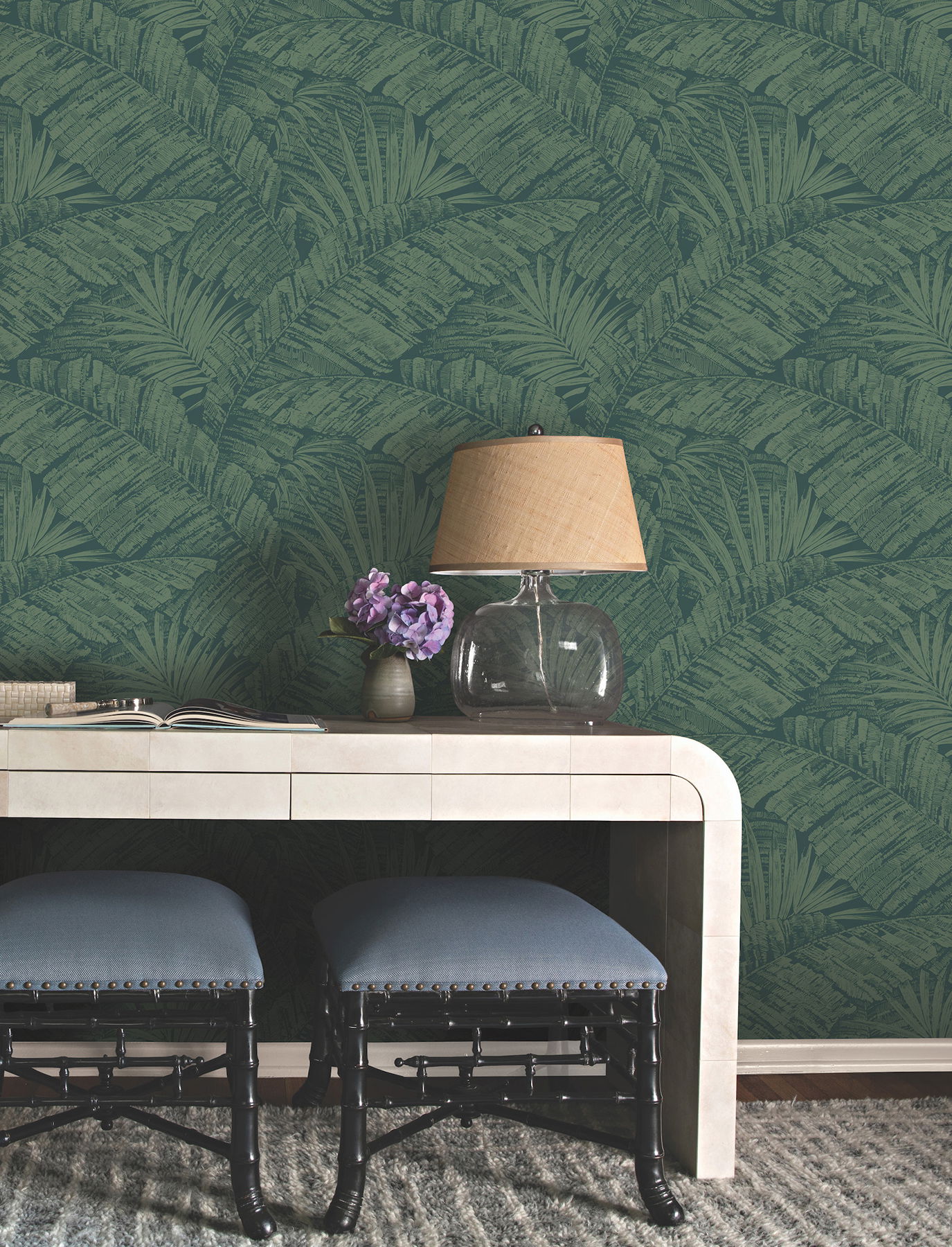 Palm Cove Toile Emerald Forest Wallpaper large image 