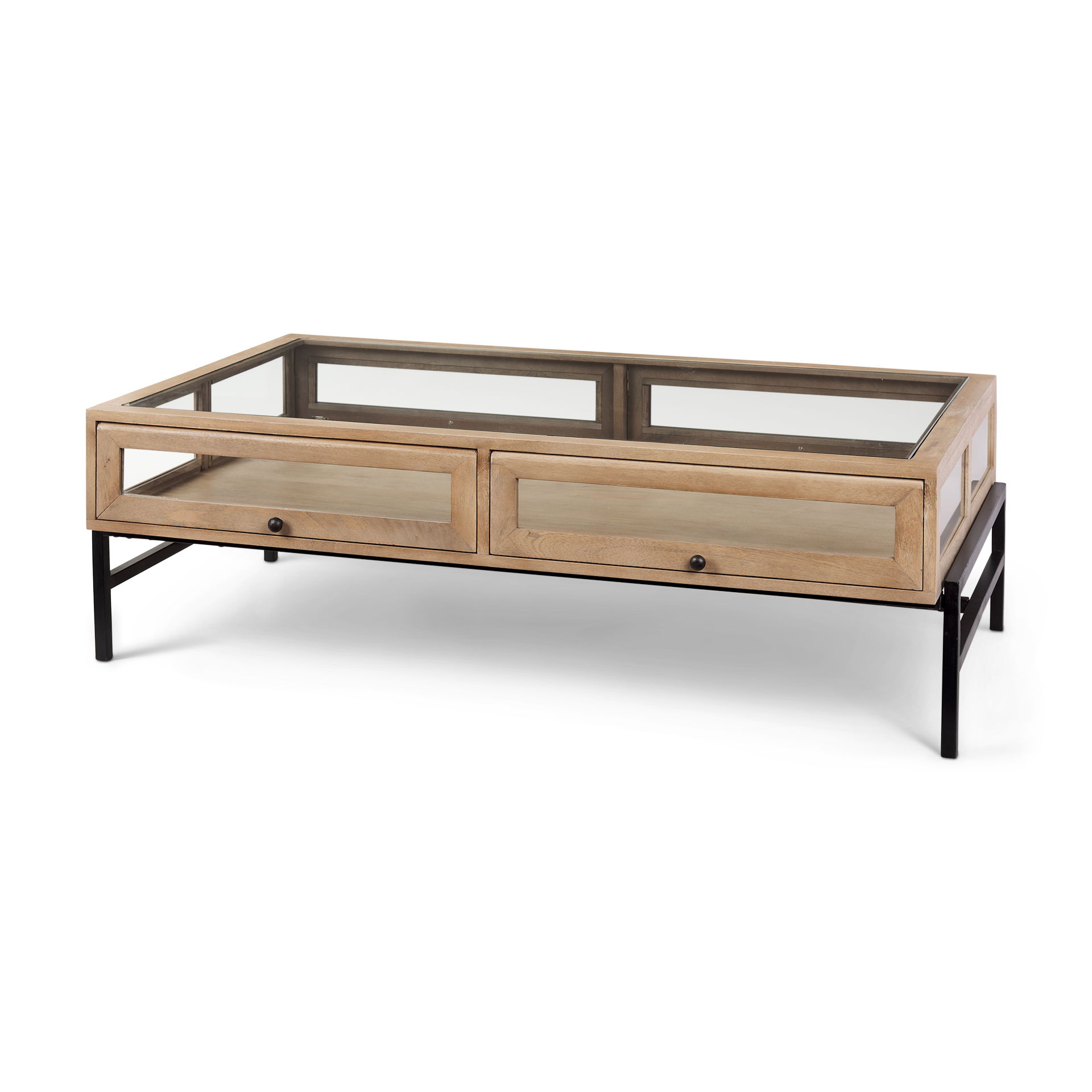 Arelius 42'L Rectangular Light Brown Wood with Black Metal Base Display Coffee Table, by Mercana, 49.5" length x 29.5" width x 15" height View 1