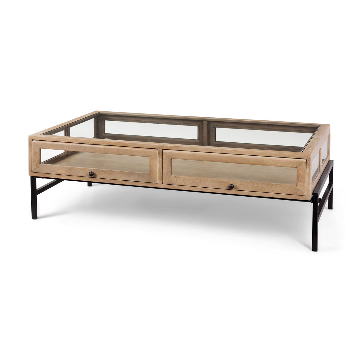 Arelius 49.5'L Rectangular Light Brown Wood with Black Metal Base Display Coffee Table, by Mercana, 49.5" length x 29.5" width x 15" height View 1
