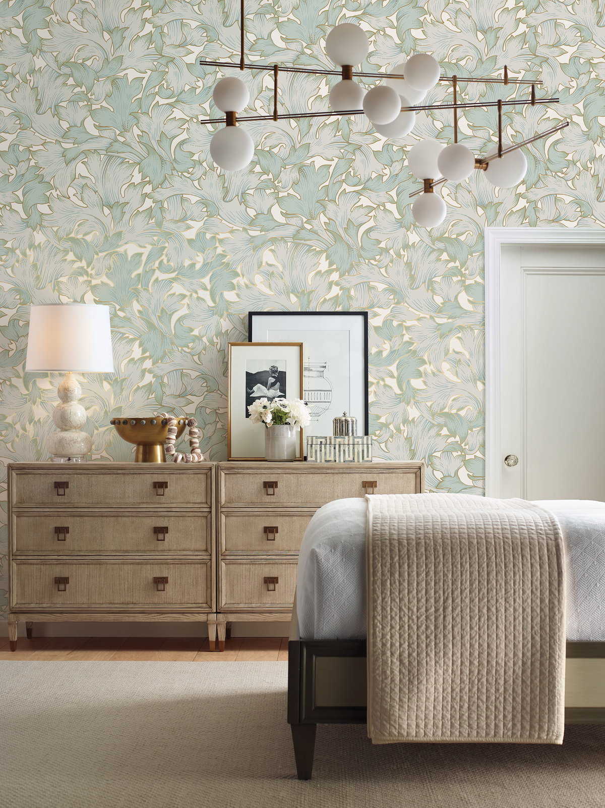 Acanthus Toss Beige & Seafoam Wallpaper, by York Wall, 27' length x 2'3" width x 0.02" depth View 3