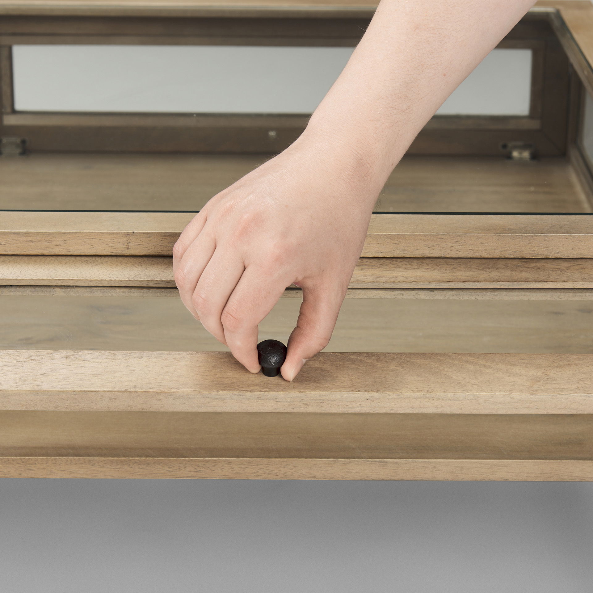 Arelius 42'L Rectangular Light Brown Wood with Black Metal Base Display Coffee Table, by Mercana, 49.5" length x 29.5" width x 15" height View 7