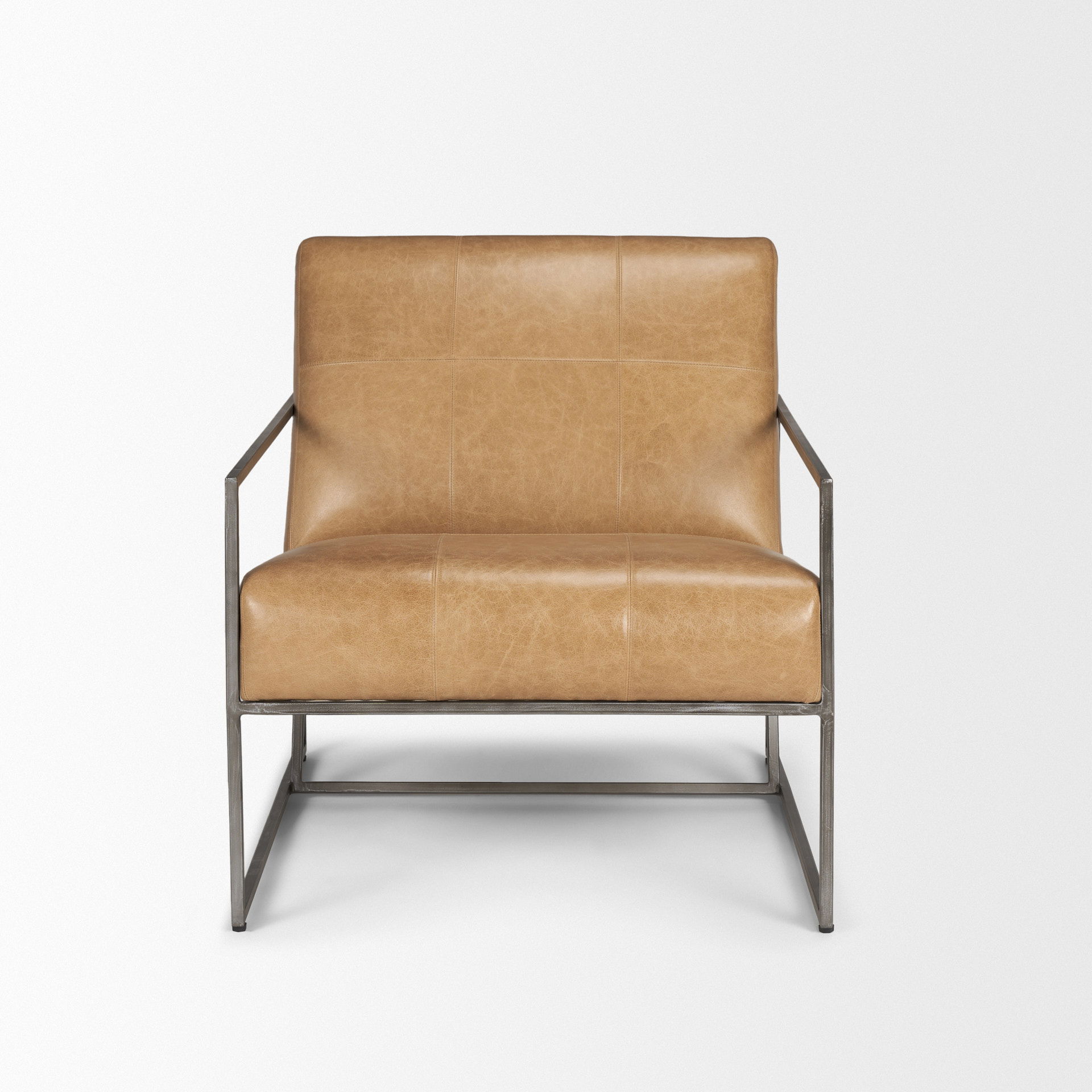 Stratton Gunmetal with Genuine Brown Leather Upholstered Accent Chair, by Mercana, 27.25" length x 36.5" width x 29.5" height View 5