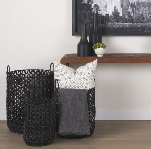 Lola 19.7L x 19.7W x 23.6 Set of 3 Black Water Hyacinth Zig Zag Weave Round Basket with Handles