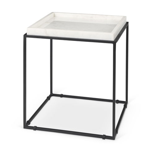Nathan II 18" x 20" Square Top White Marble and Black Metal End/Side Table