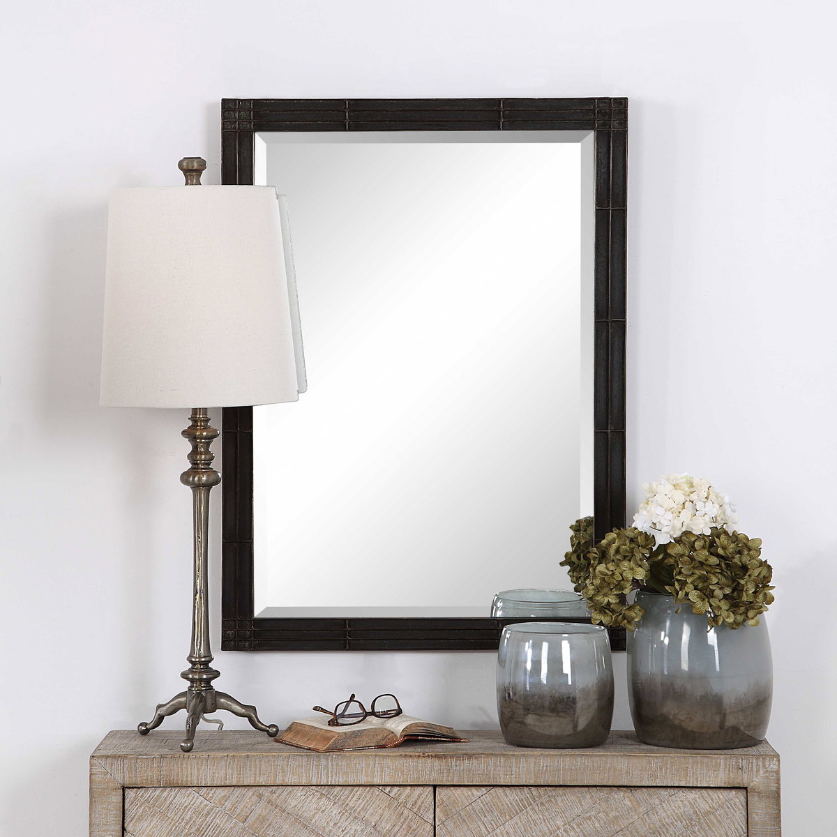 Gower Aged Black Vanity Mirror, by Uttermost, 2'1.25" width x 2'10.62" height x 1.5" depth View 2