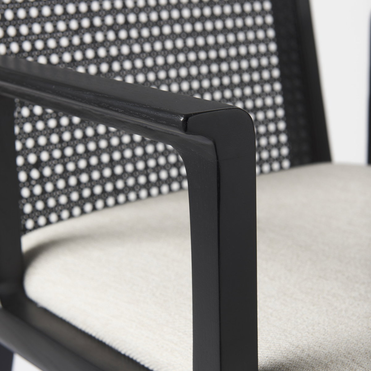 Clara Cane Back Dining Arm Chair | Cream Fabric with Black Wood, Dining Chair by Mercana, 22.5" length x 23.5" width x 33.75" height View 10