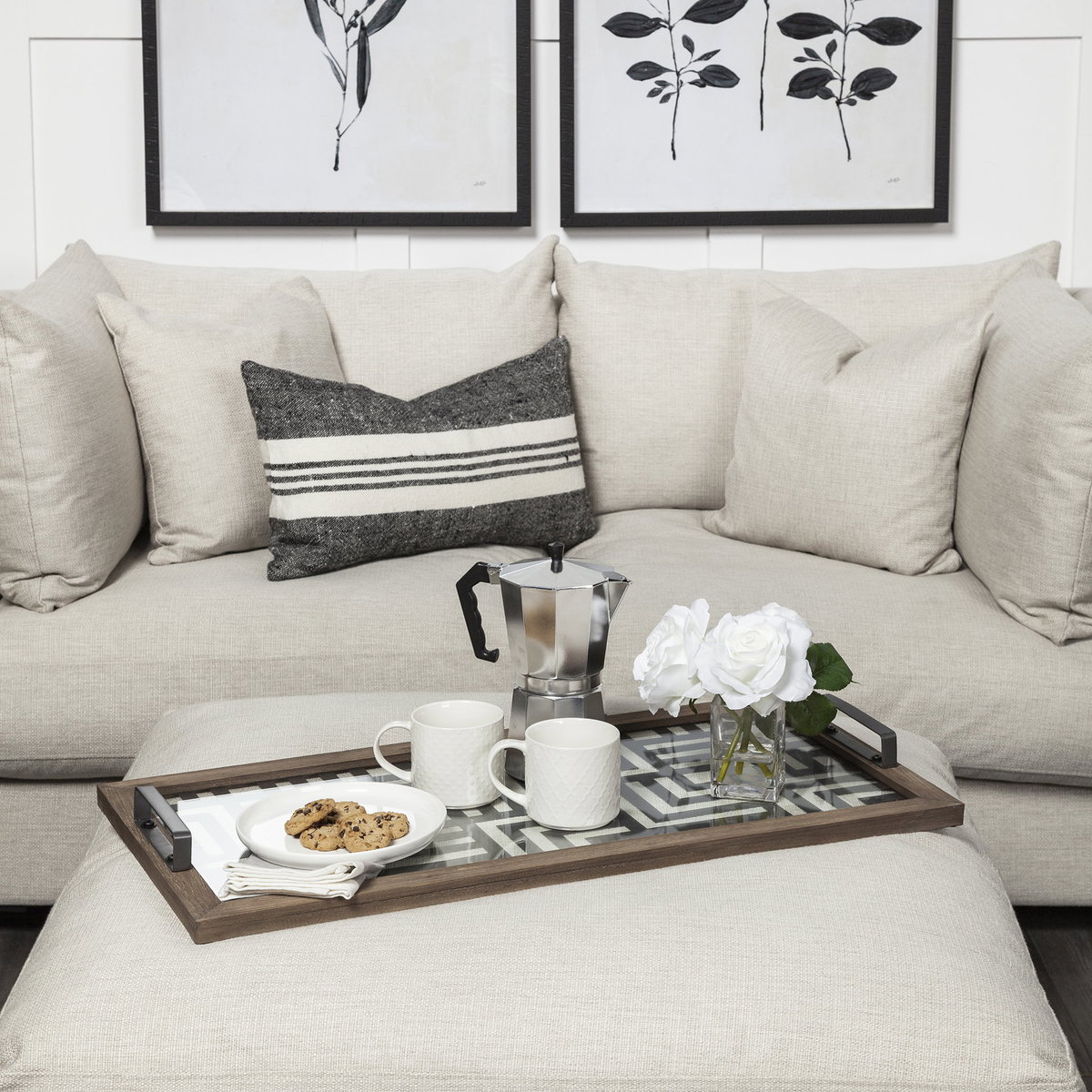 Fantuz 32L x 16W Gray Metal, Wood and Glass Serving Tray, Decorative Tray by Mercana, 31.89" length x 15.75" width x 2.56" height View 2