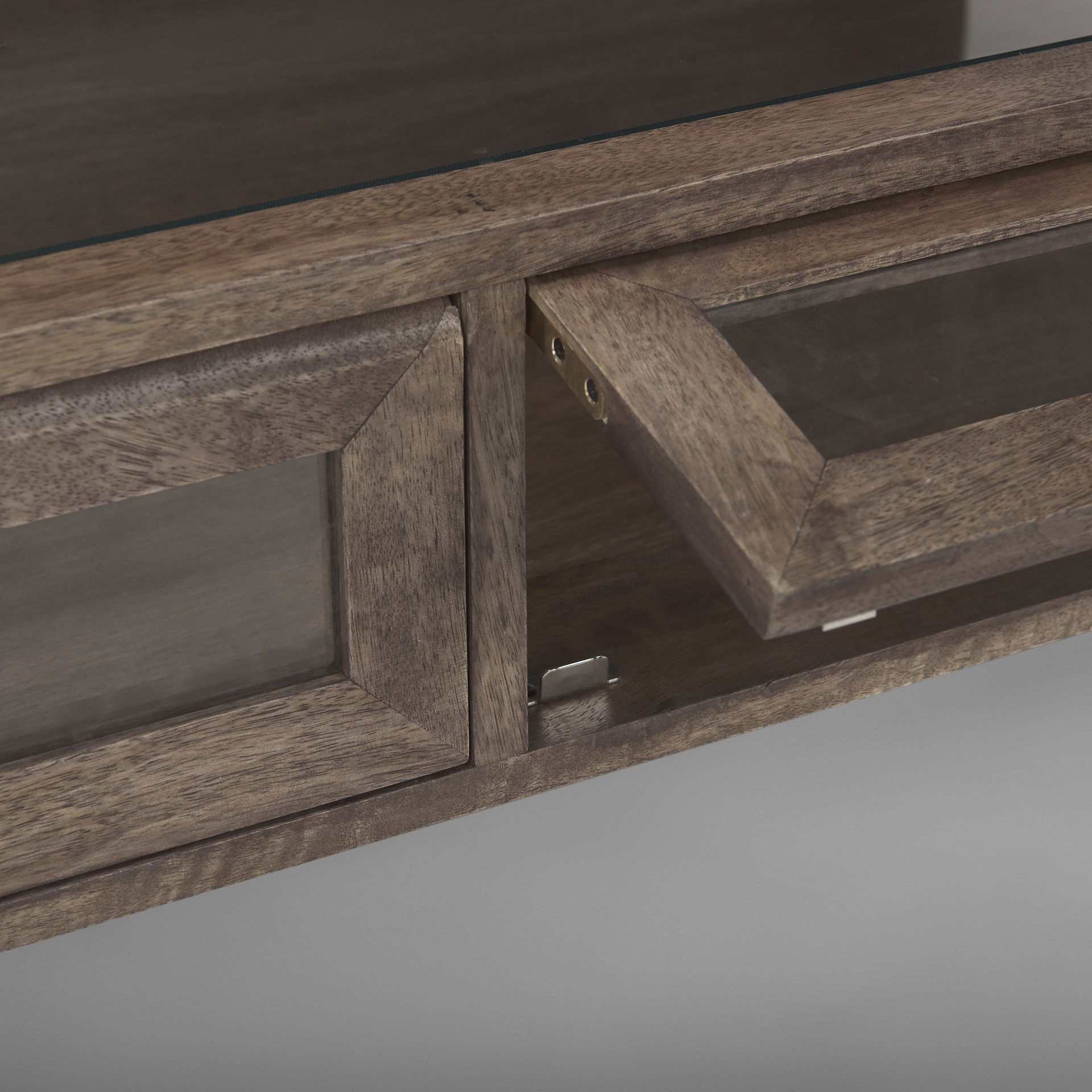 Arelius Rectangular Glass-Top Medium Brown Wood with Black Metal Base Display Coffee Table large image 