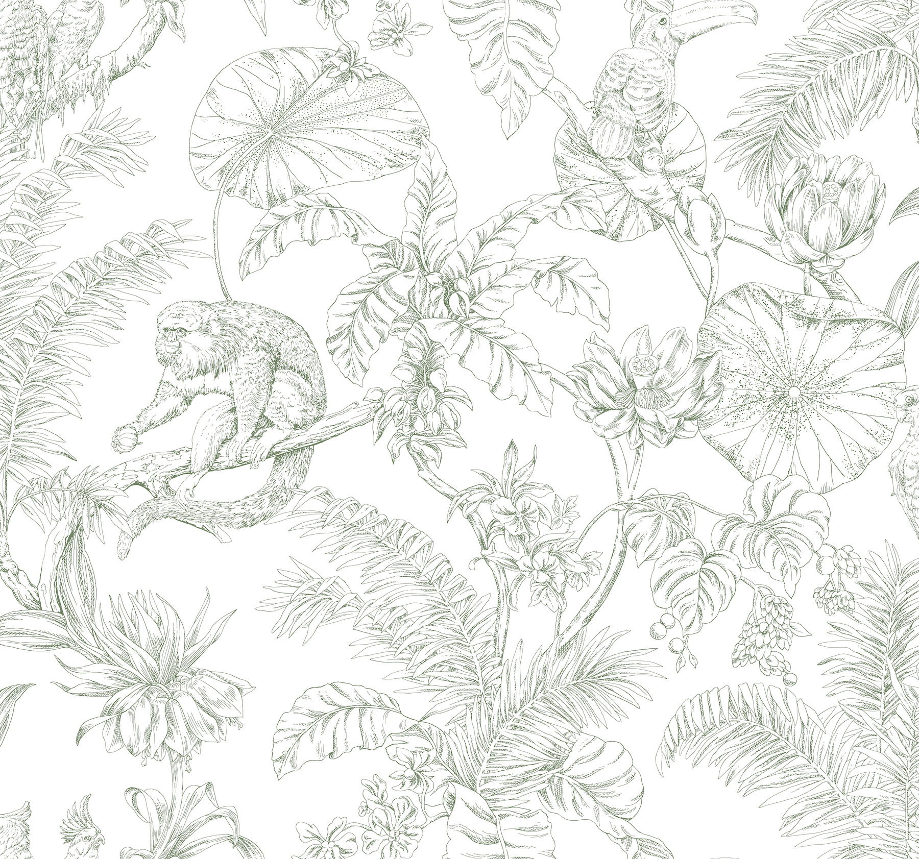 Tropical Sketch Toile Forest Wallpaper large image 