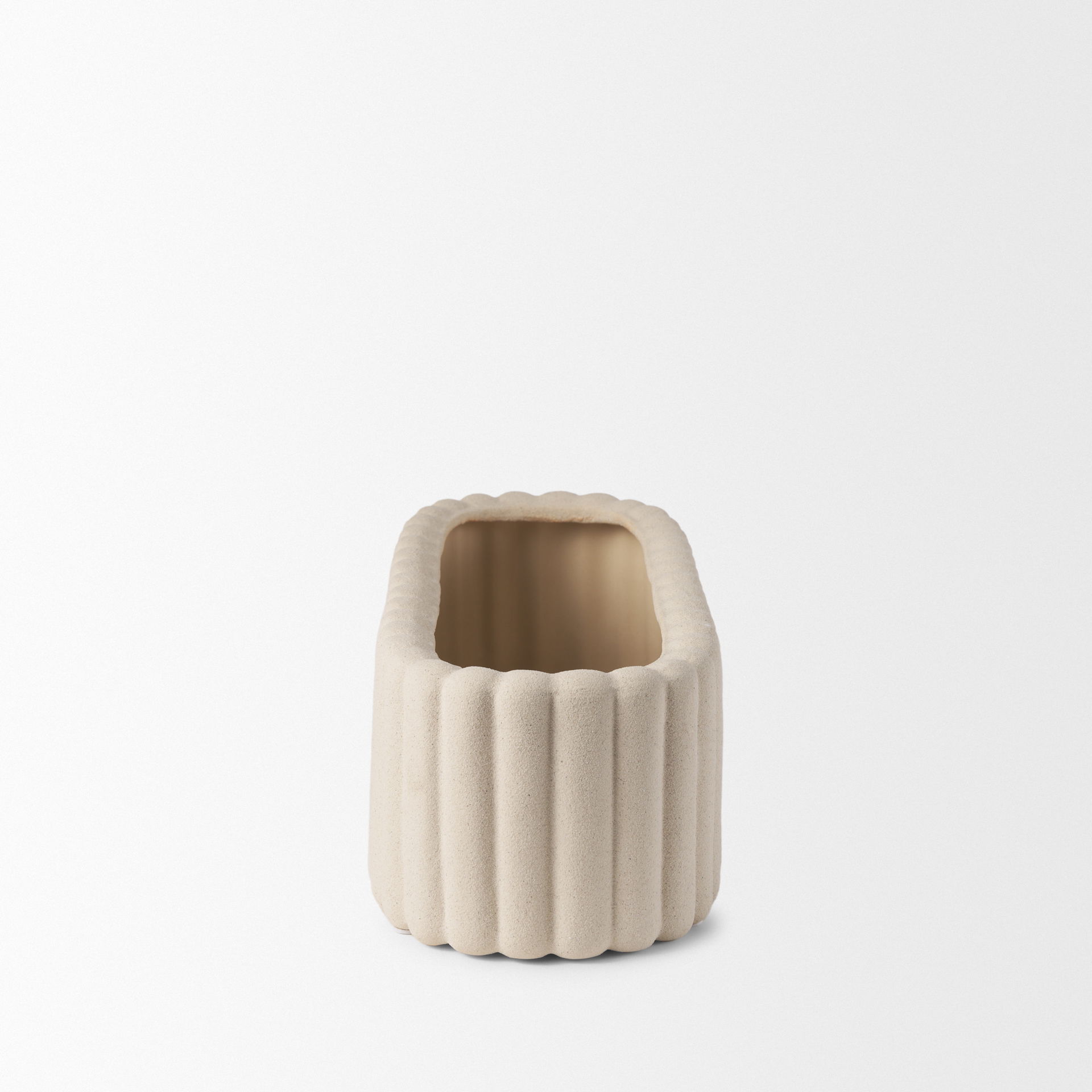 Mira Wide Textured Blush Beige Fluted Ceramic Vase large image 