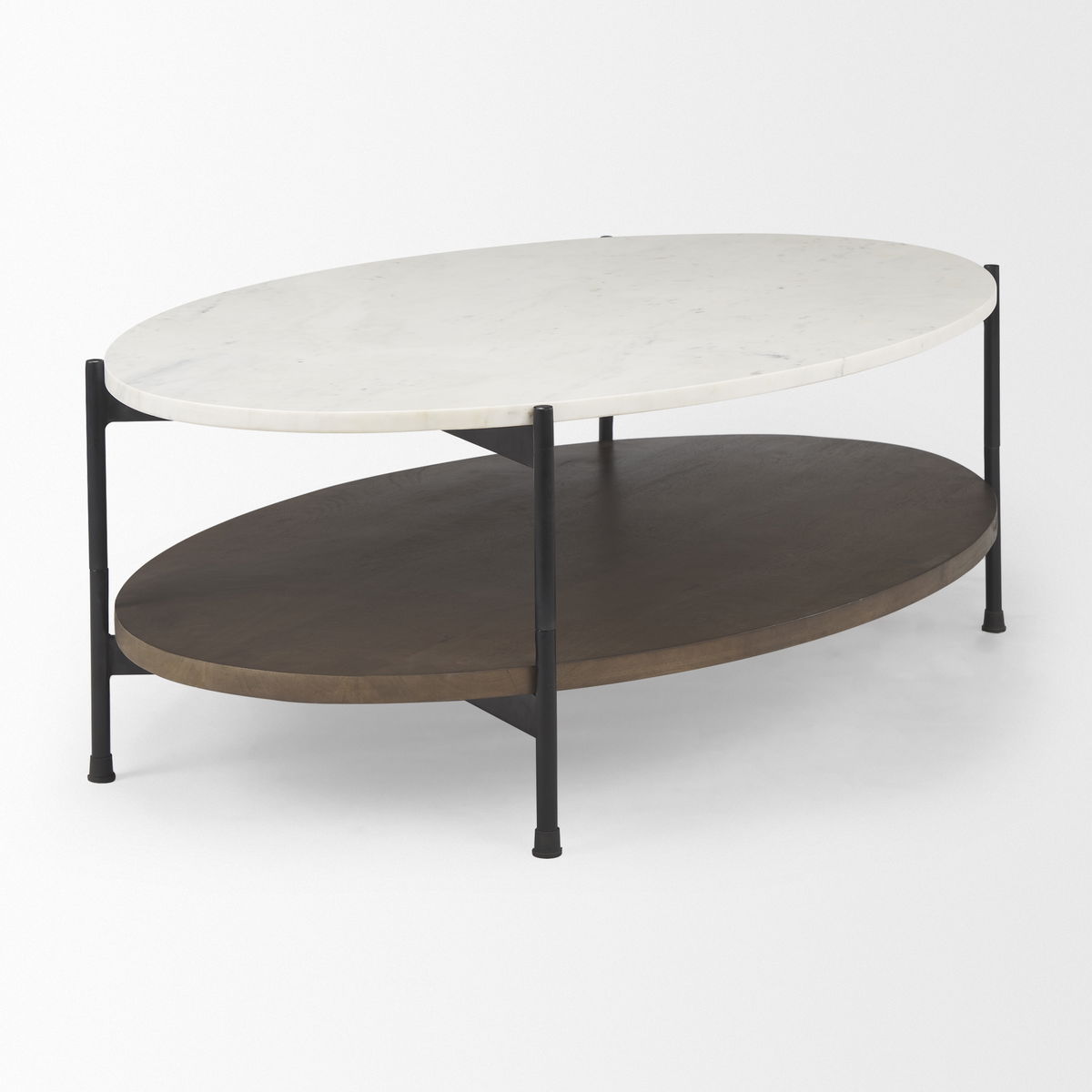 Larkin White Marble Top with Dark Brown Wood Shelf Oval Coffee Table, by Mercana, 48" length x 30" width x 16" height View 4