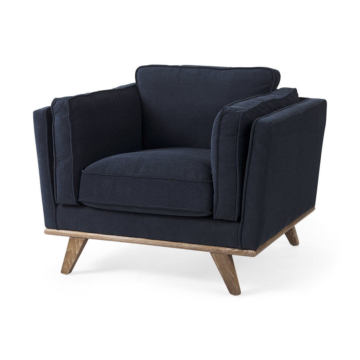 Brooks  Navy Blue Fabric Chair with Medium Brown Wooden Legs, Accent Chair by Mercana, 41.73" length x 34.84" width x 33.46" height View 1