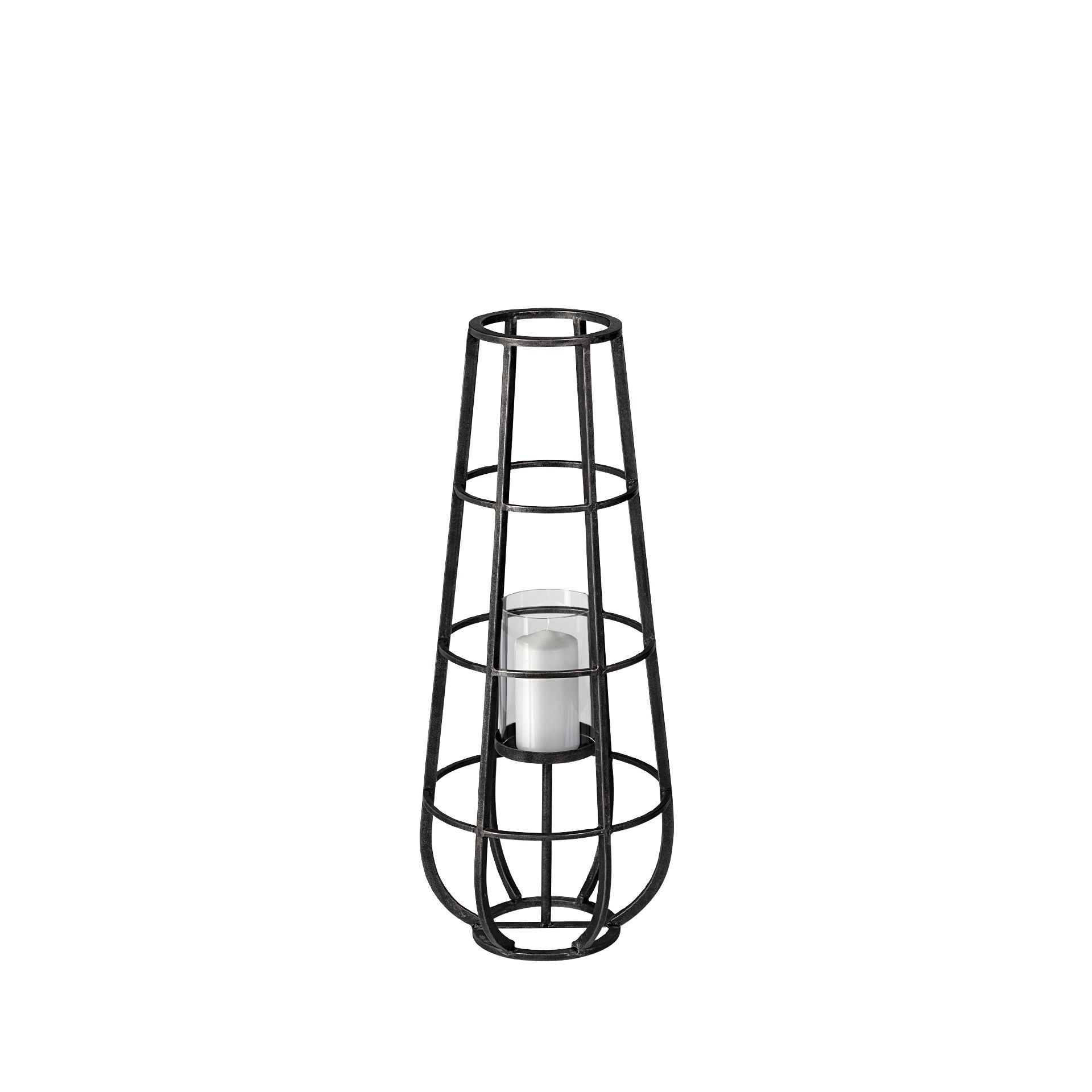 Bella Small Black Metal Cylindrical Cage Candle Holder Lantern, Lighting by Mercana, 12.2" length x 11.81" width x 30.12" height View 1
