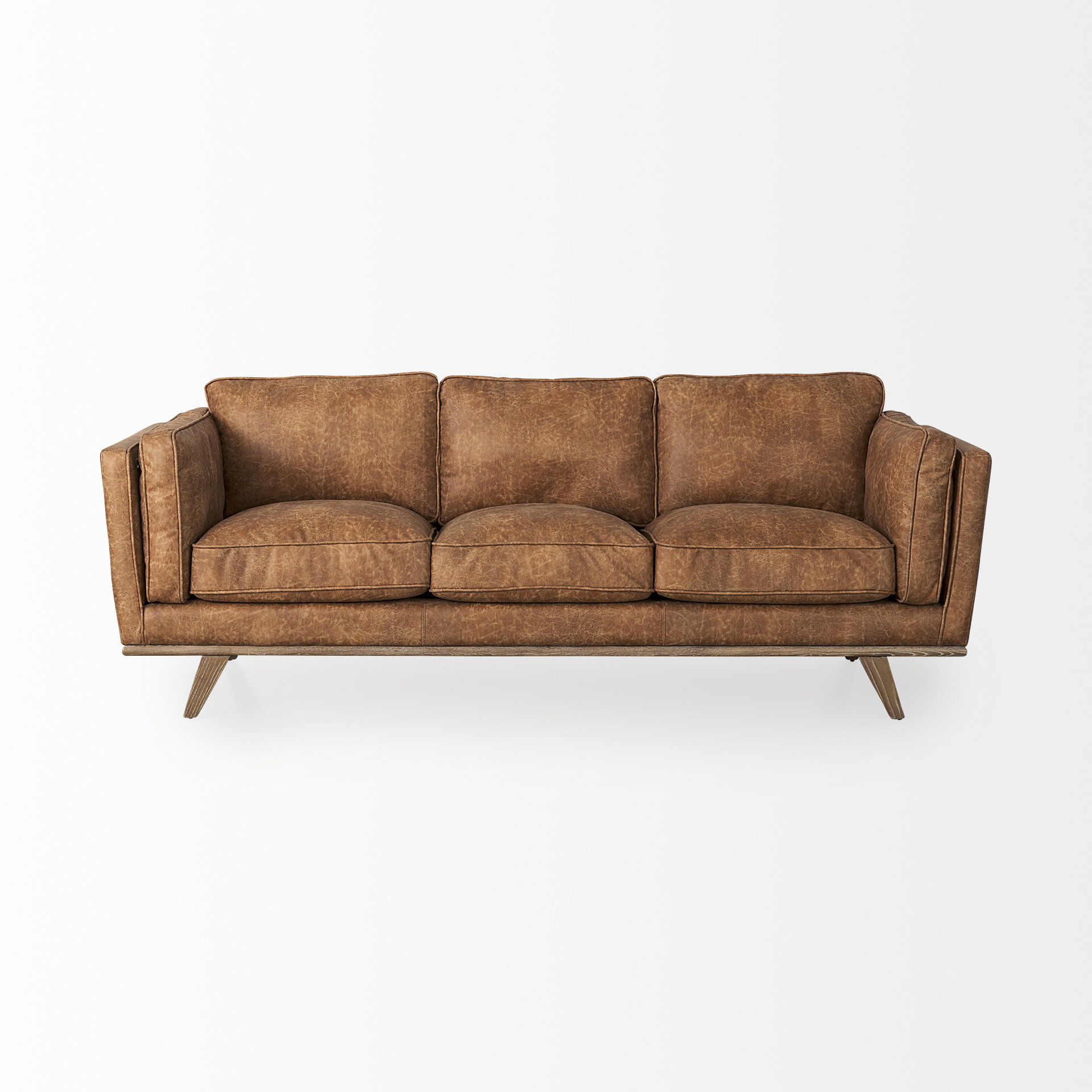 Brooks  Cognac Brown Faux Leather Three Seater Sofa with Medium Brown Wooden Legs, Sofas & Sectional by Mercana, 90.16" length x 34.84" width x 33.46" height View 7