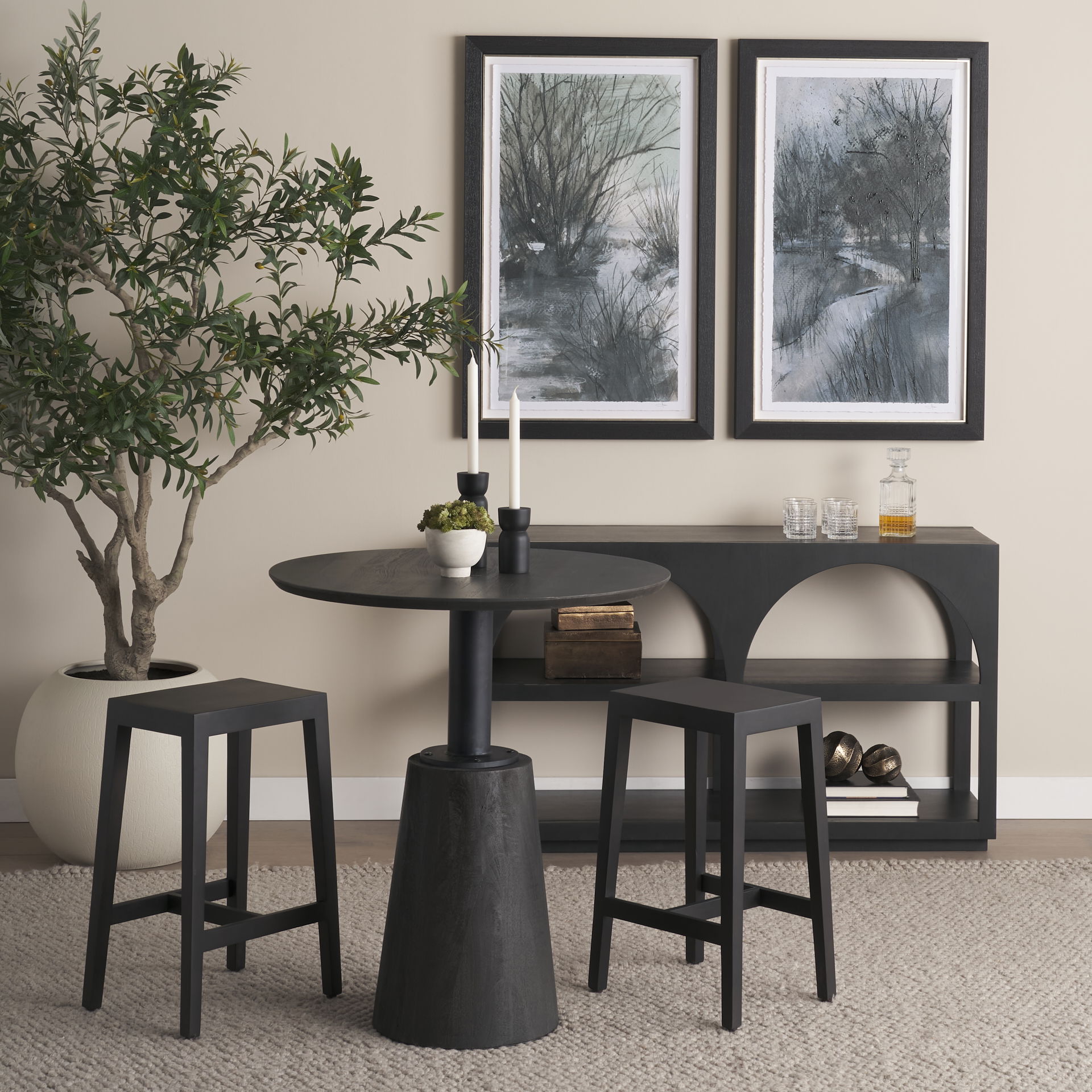 Maxwell 32' Round Black-Brown Wood with Black Metal Pedestal Bistro Table, Dining Table by Mercana, 32" length x 32" width x 36" height View 3