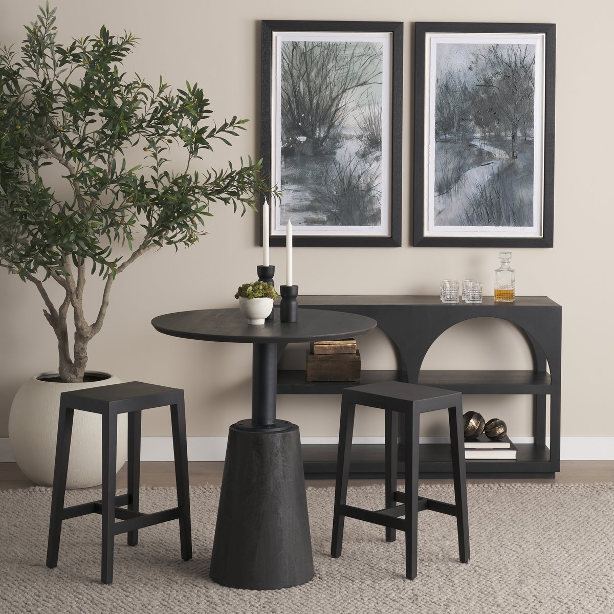 Maxwell 32' Round Pedestal Dining Table | Modern | Black-Brown Wood & Black Metal | Seats 2, by Mercana, 32" length x 32" width x 36" height View 3