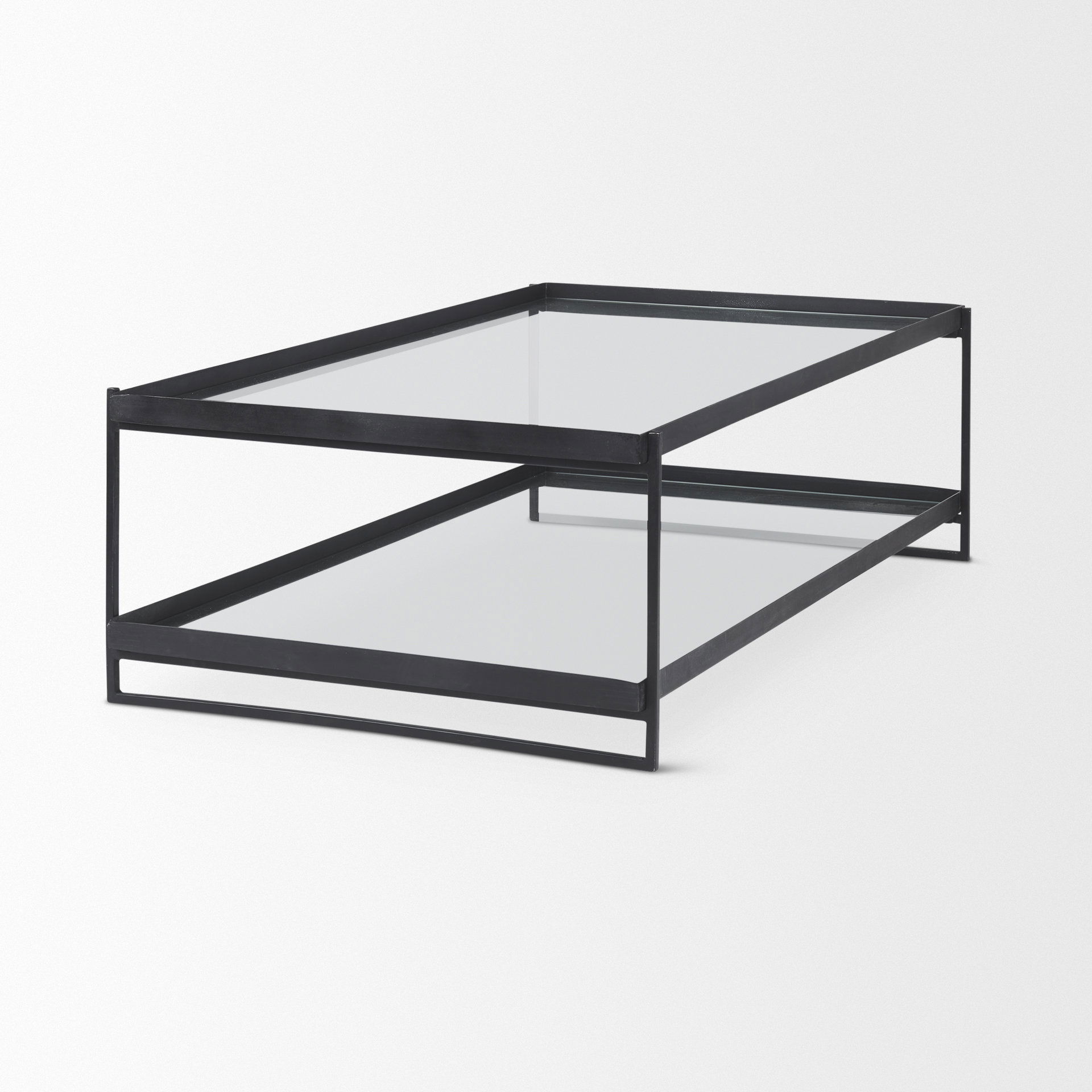 Trey 56'L x 32'W x 17'H Black Metal with Glass Coffee Table, by Mercana, 56" length x 32" width x 17" height View 7