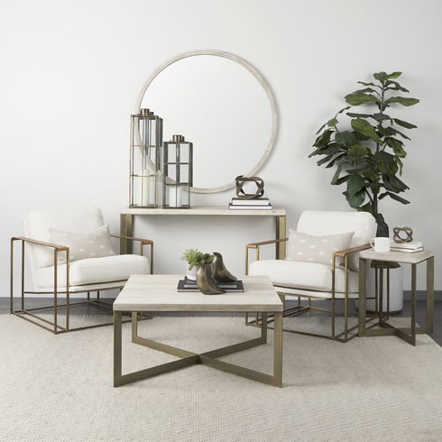 Faye 34L x 34W x 17H Beige Finished Wood with Gold Metal Base Square Coffee Table
