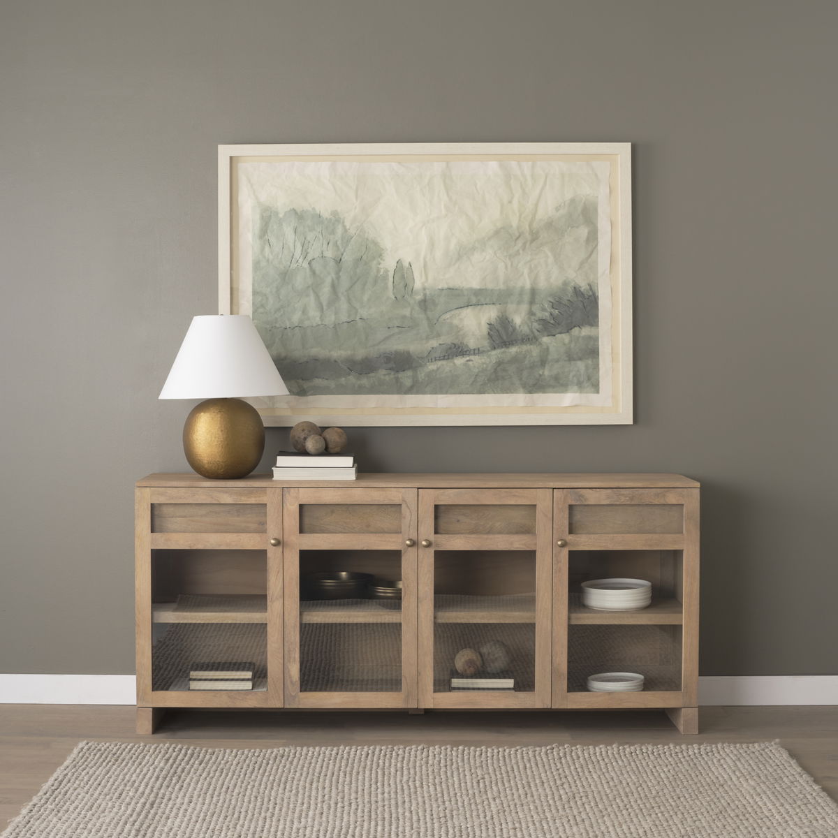 Suri Light Brown Wood with Glass Doors Sideboard, Sideboards & Buffet by Mercana, 80" length x 18" width x 36" height View 2