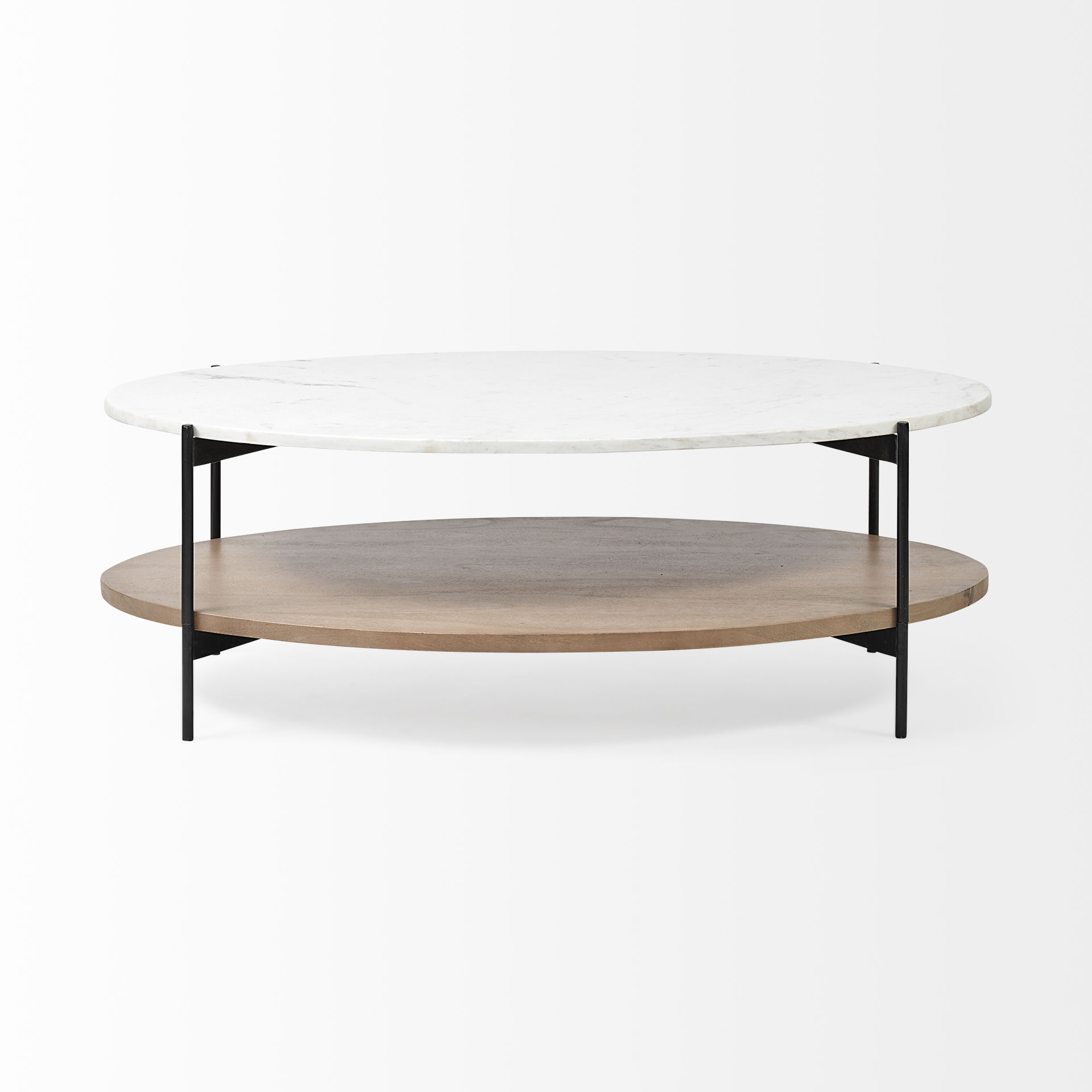 Larkin 48' Oval White Marble Top and Solid Wood Shelf with Black Metal Frame Coffee Table, by Mercana, 48" length x 30" width x 16" height View 8