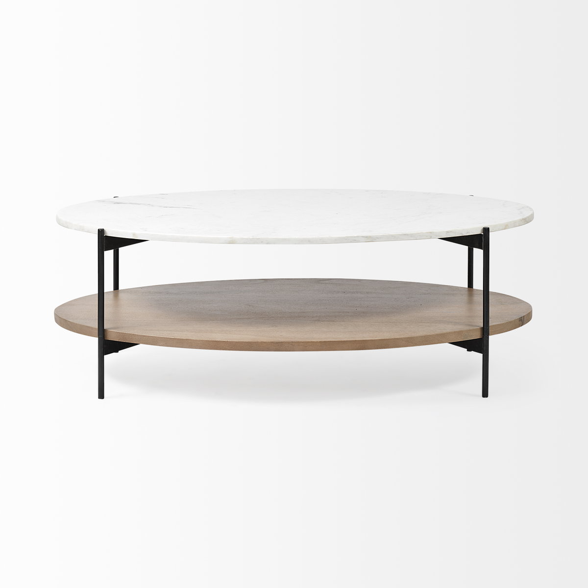 Larkin 48' Oval White Marble Top and Solid Wood Shelf with Black Metal Frame Coffee Table, by Mercana, 48" length x 30" width x 16" height View 8