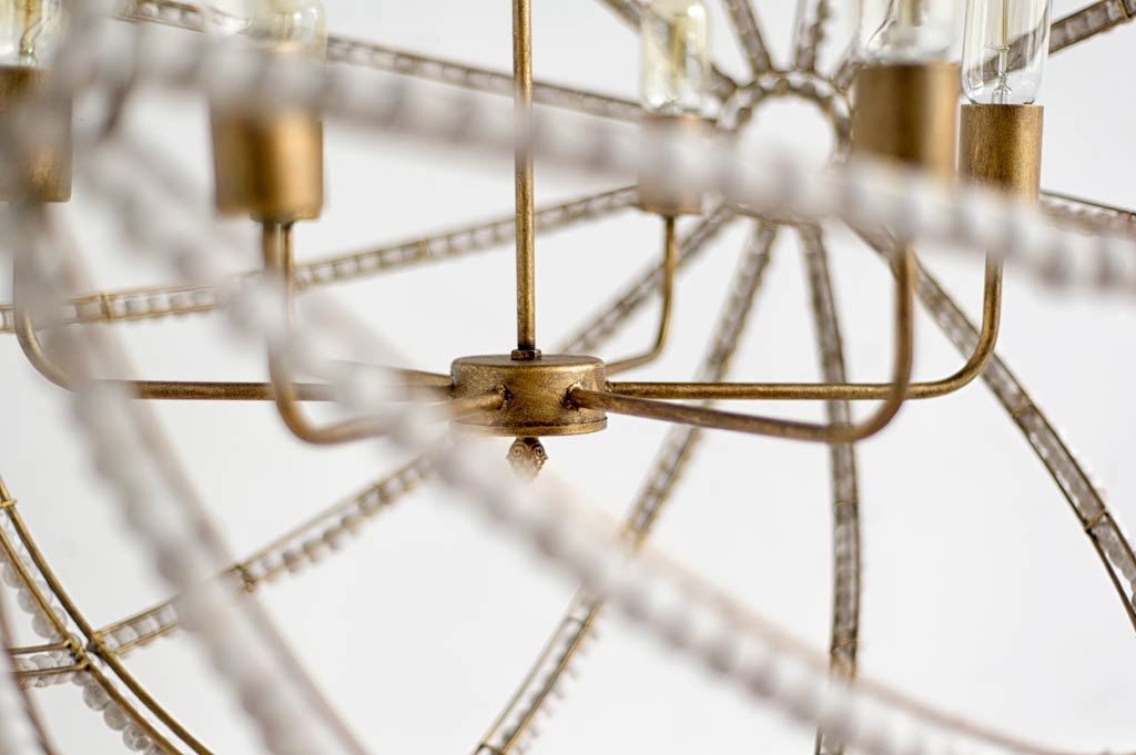 Ava White (34'D) Gold Metal and White Wood Beaded Six Bulb Chandelier, by Mercana, 34" length x 34" width x 34" height View 9
