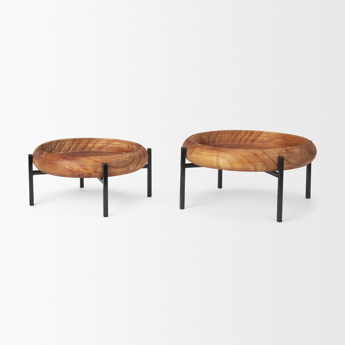 Wally Round Medium Brown Wood with Matte Black Metal Stand Trays, Decorative Tray by Mercana, 14.25" length x 14.25" width x 6.75" height View 4