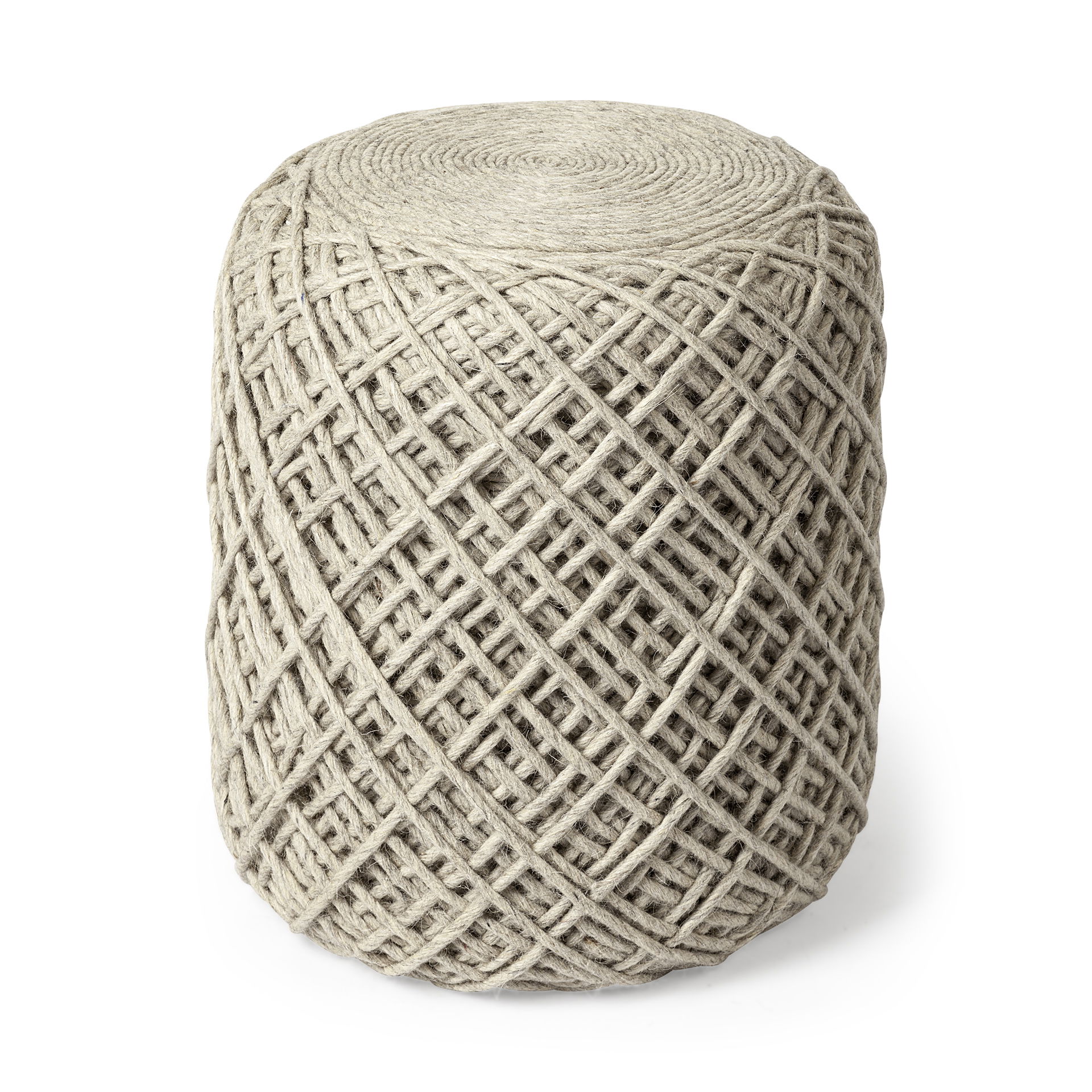 Allium Oatmeal Handwoven Wool Cylindrical Pouf, Ottoman by Mercana, 15.75" length x 15.75" width x 17.75" height View 1