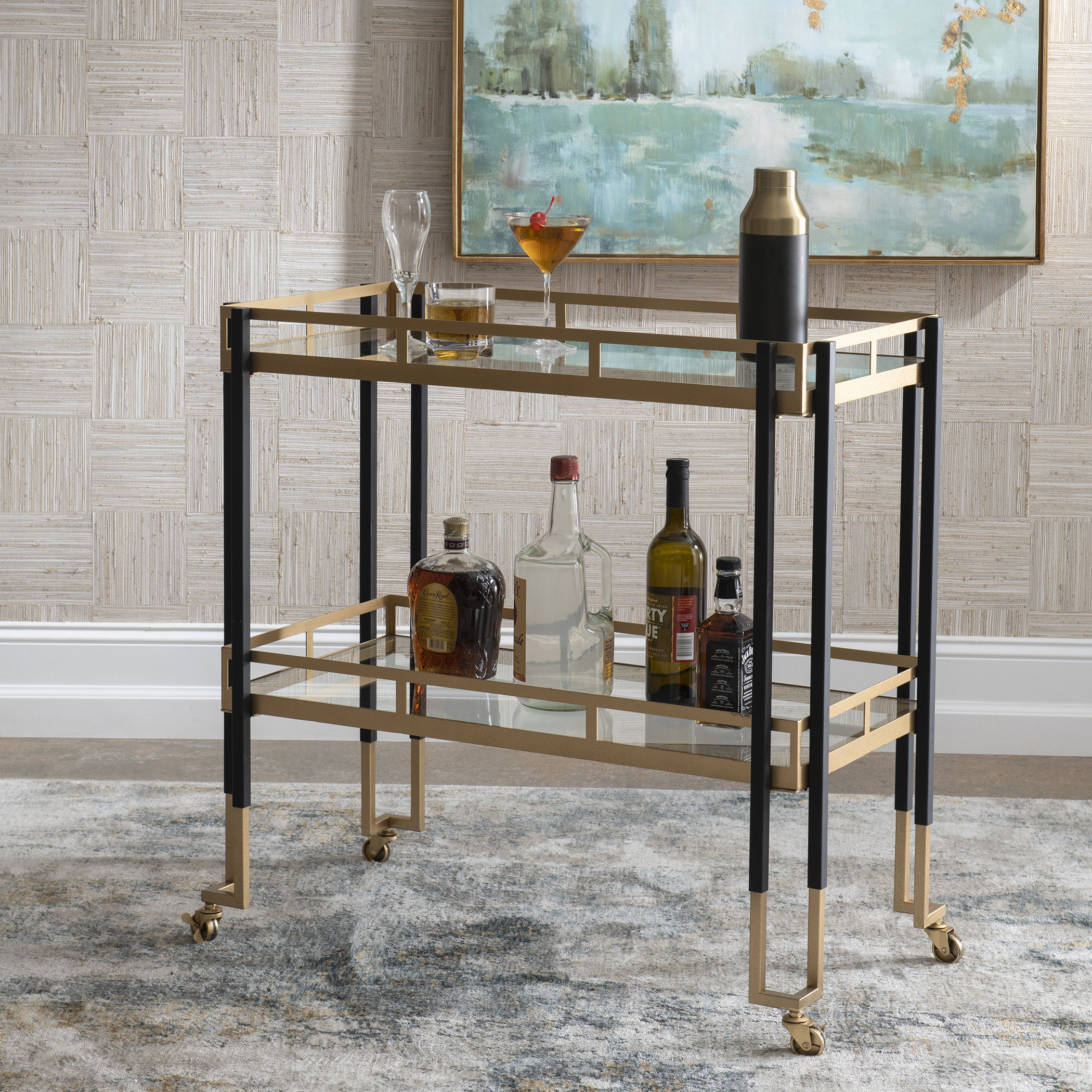 Kentmore Modern Bar Cart, Furniture by Uttermost, 32.87" width x 32" height x 17.37" depth View 2