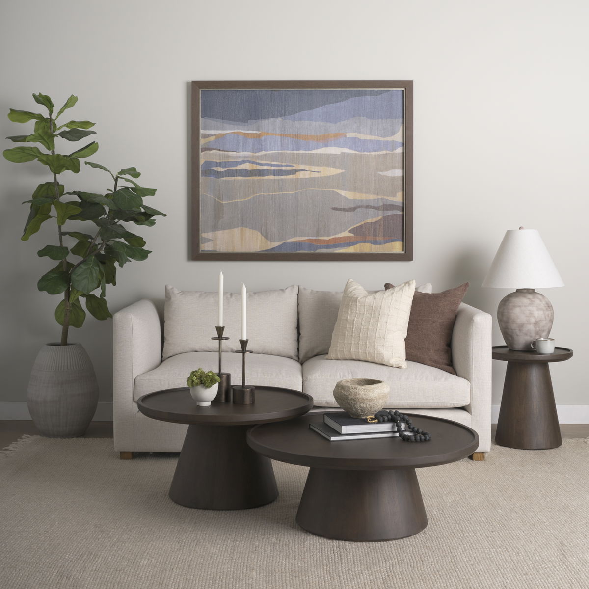 Takoda Dark Brown Wood Tapered Drum Nesting Coffee Tables, by Mercana, 36" length x 36" width x 14" height View 2