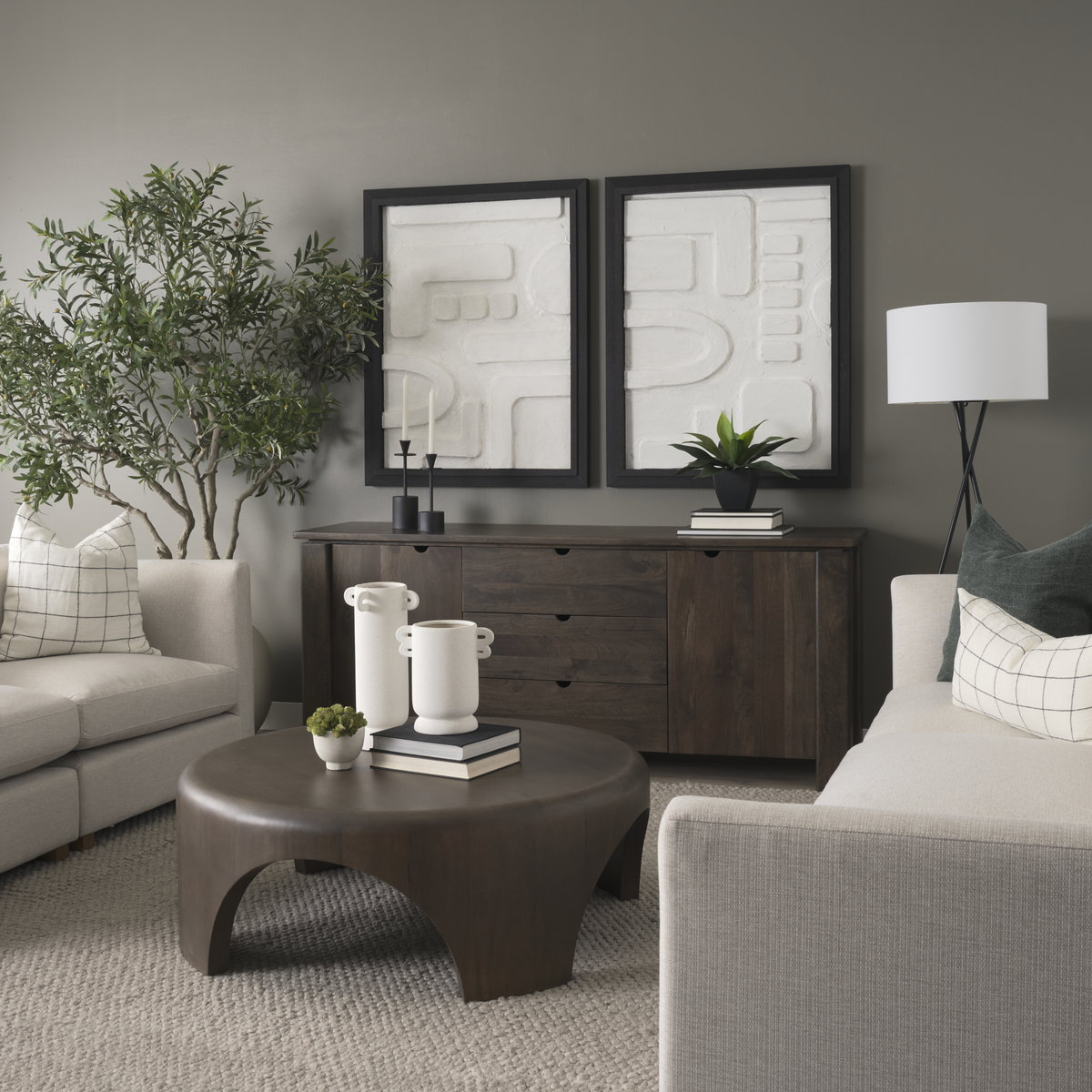 Shima Round Dark Brown Wood with Arched Legs Coffee Table, by Mercana, 45" length x 45" width x 16" height View 3