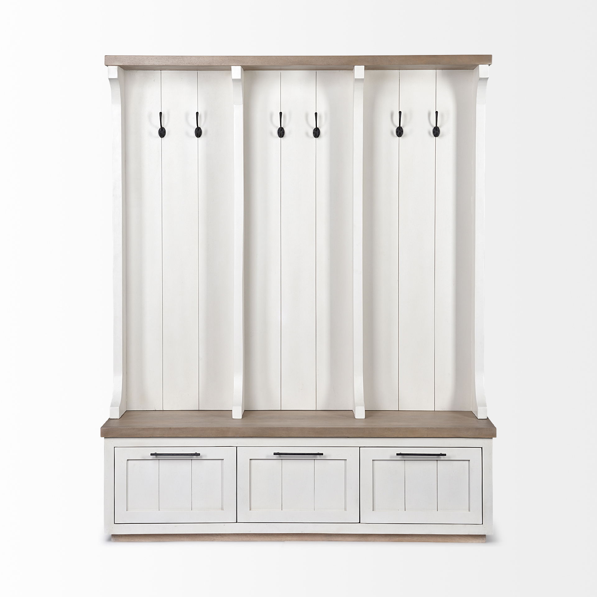 Fairview IV 61L x 17W White And Brown Wood With Storage Hall Tree, Entry & Hallway by Mercana, 61" length x 18" width x 76" height View 3