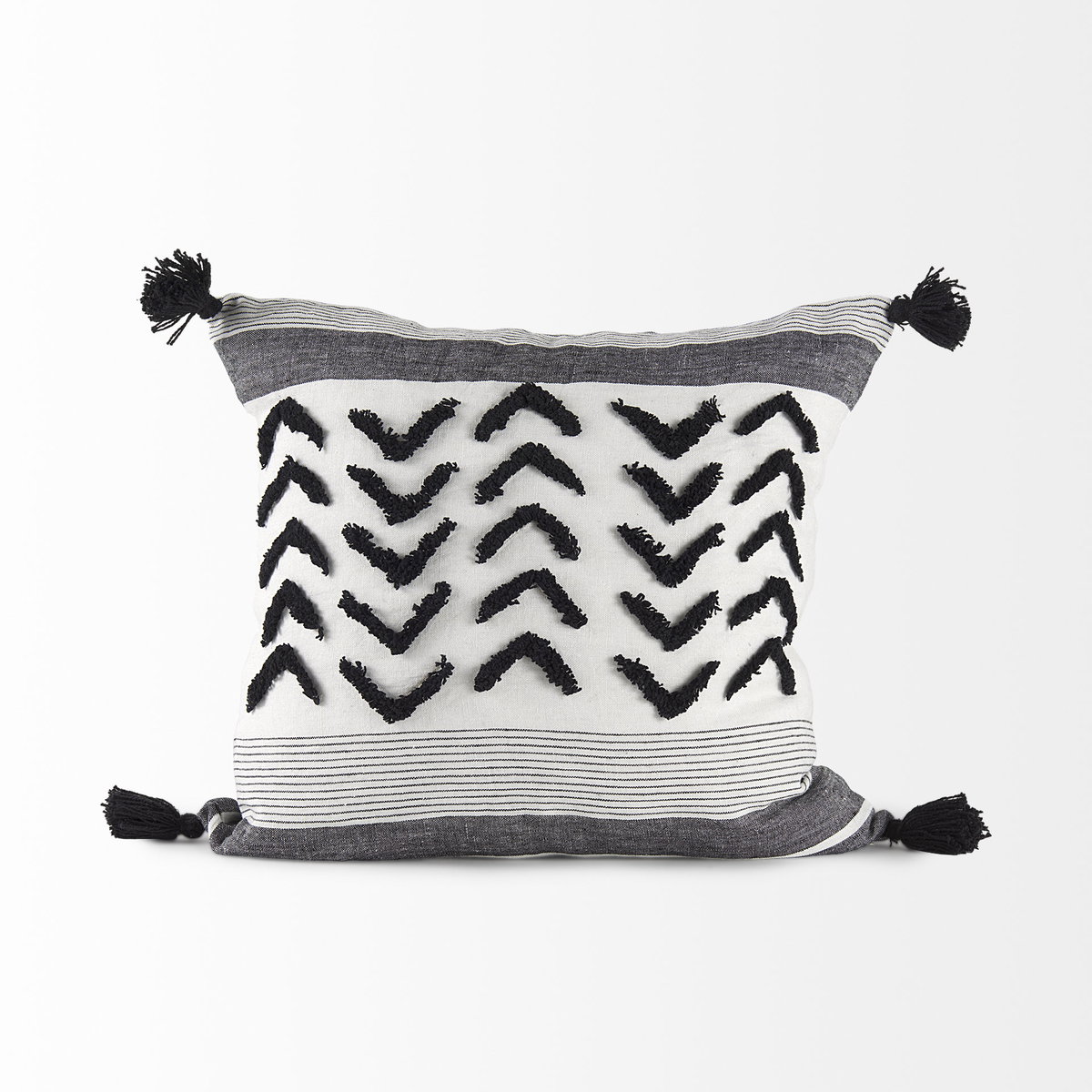 Kimia 20x20 White/Black Fabric Herringbone with Fringed Pillow Cover, Decorative Pillow by Mercana, 20" length x 20" width x 0.2" height View 5