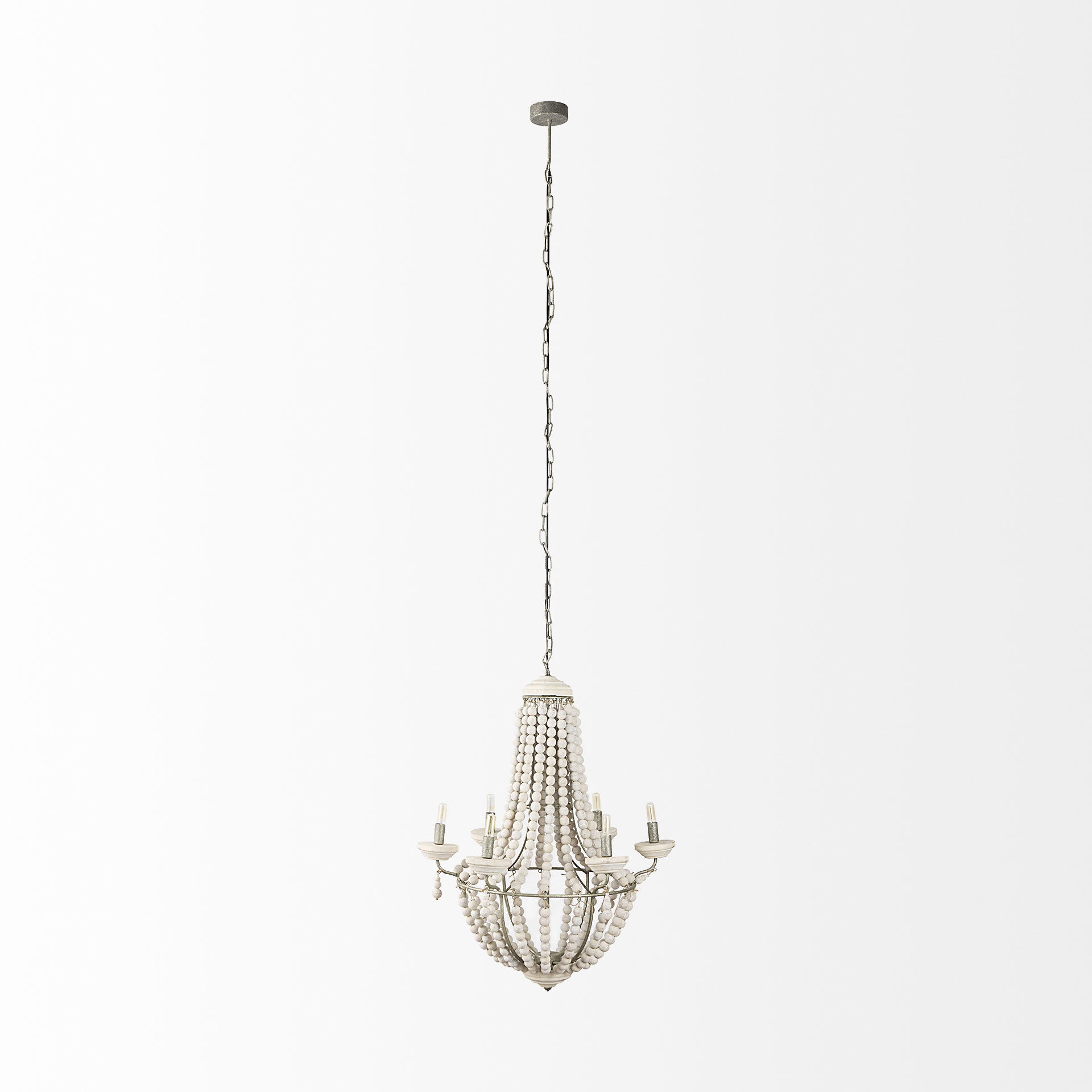 Phillum (29'x37') Silver Metal Chassis and White Wood Beaded Six Bulb Chandelier, by Mercana, 29" length x 29" width x 37" height View 4
