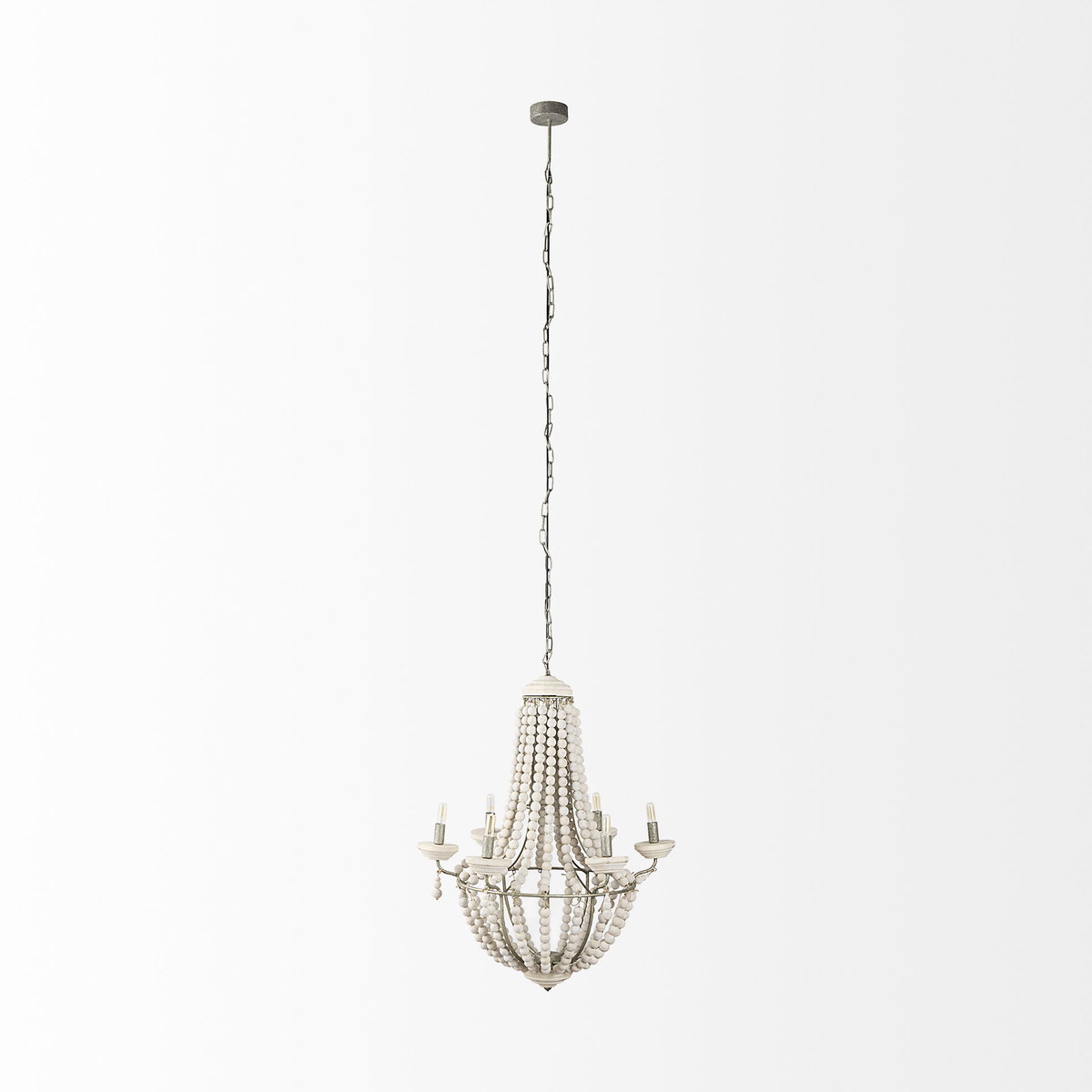 Phillum (29'x37') Silver Metal Chassis and White Wood Beaded Six Bulb Chandelier, by Mercana, 29" length x 29" width x 37" height View 4