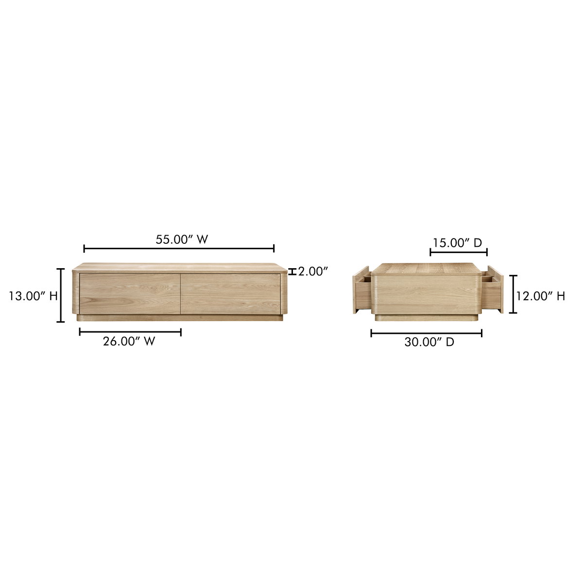 Round Off Coffee Table Natural Oak, by Moe's Home, 55" width x 13" height x 30" depth View 11