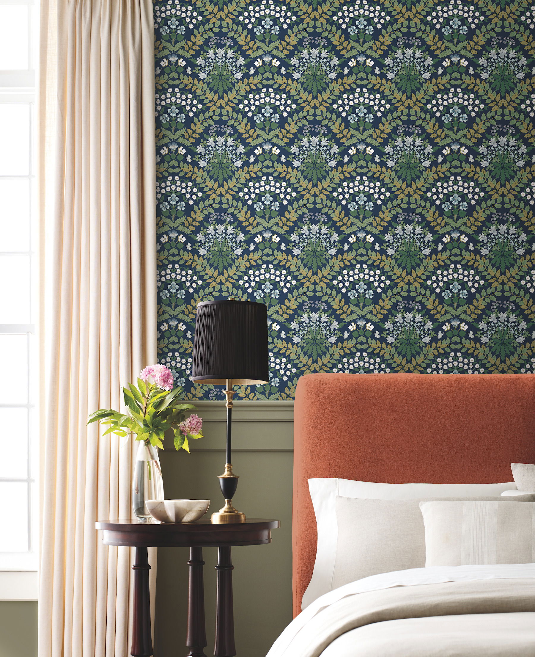 Bramble Navy & Green Wallpaper, by York Wall, 27' length x 2'3" width x 0.02" depth View 2