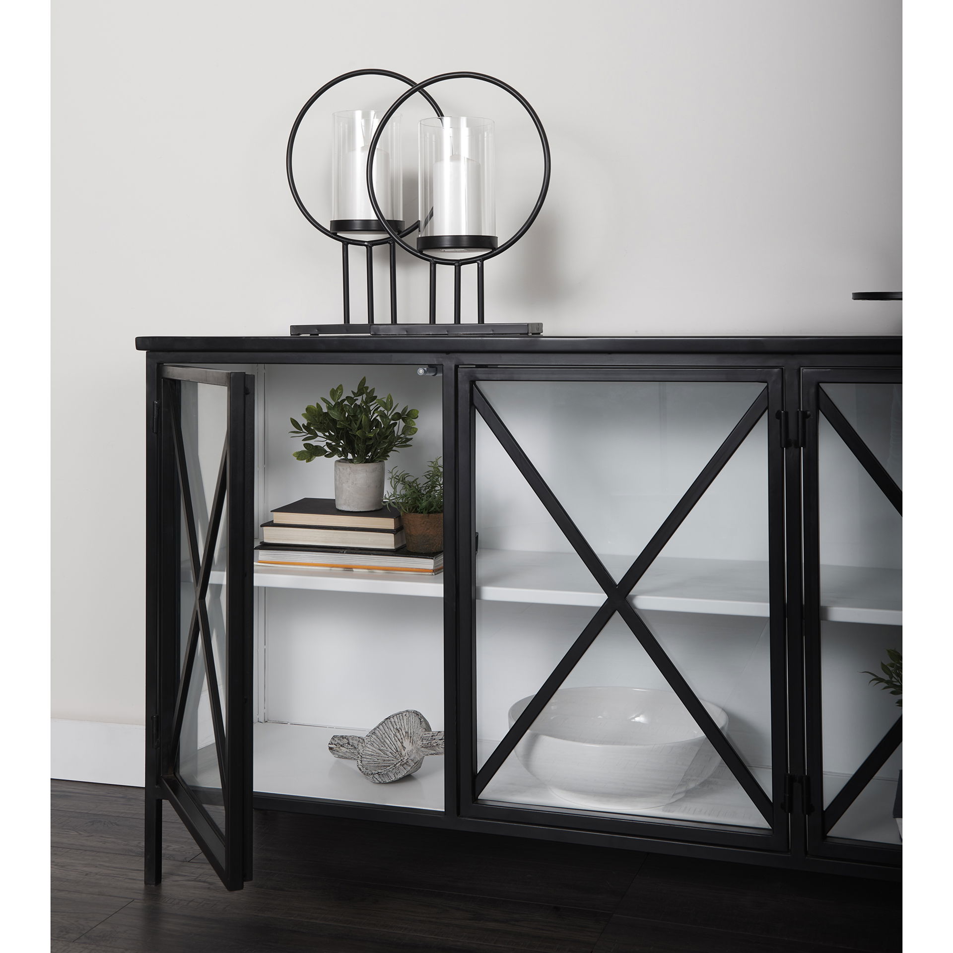 Aurelia  Black and White Metal Four Door Glass Cabinet, Sideboards & Buffet by Mercana, 79" length x 16" width x 33" height View 3