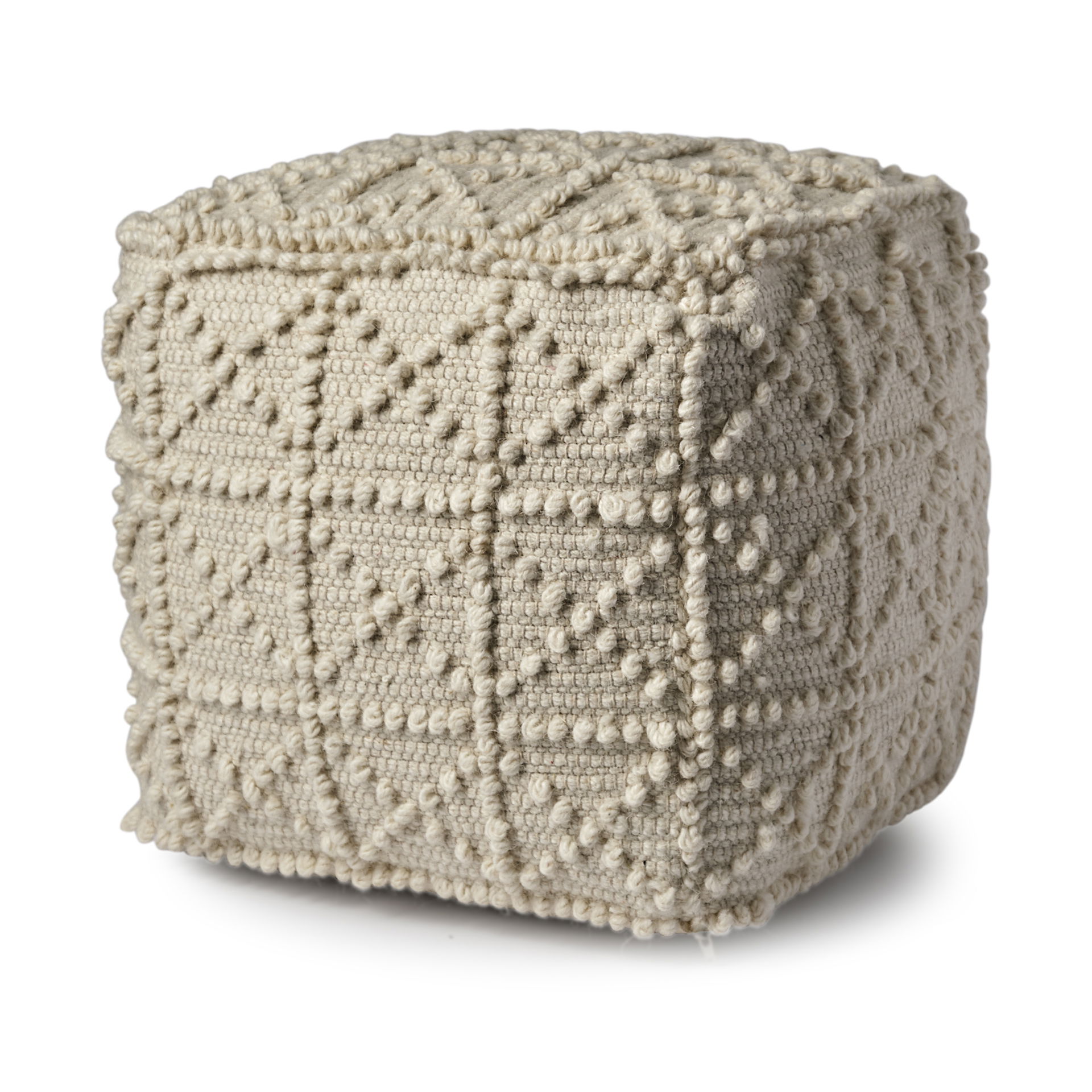 Leroy Square Cream Wool Pouf with Popcorn Detail, Ottoman by Mercana, 17.72" length x 17.72" width x 17.72" height View 1